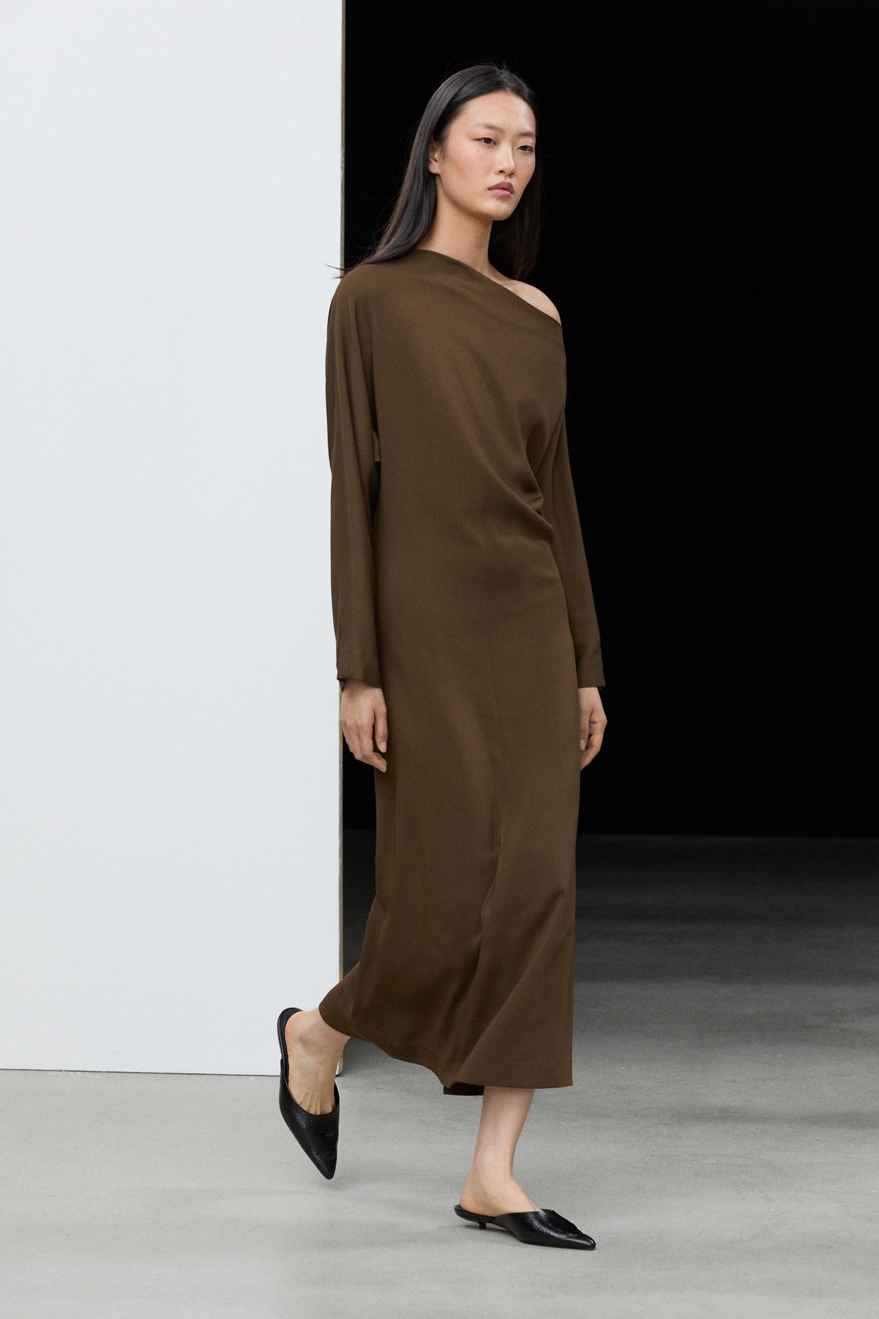 Fluid midi dress with asymmetrical neckline — BROWN