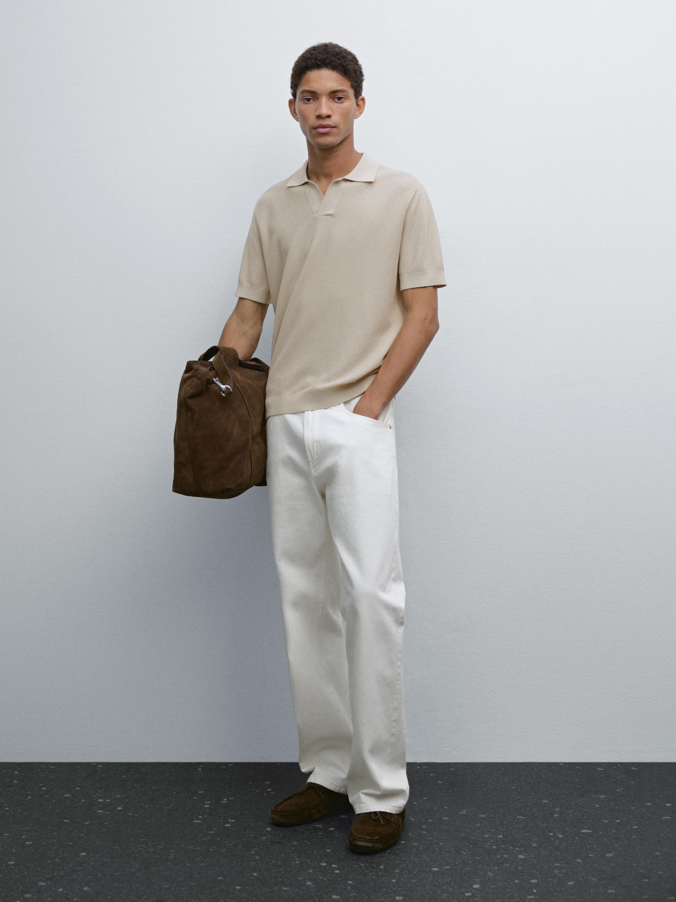 Textured knit short sleeve polo shirt