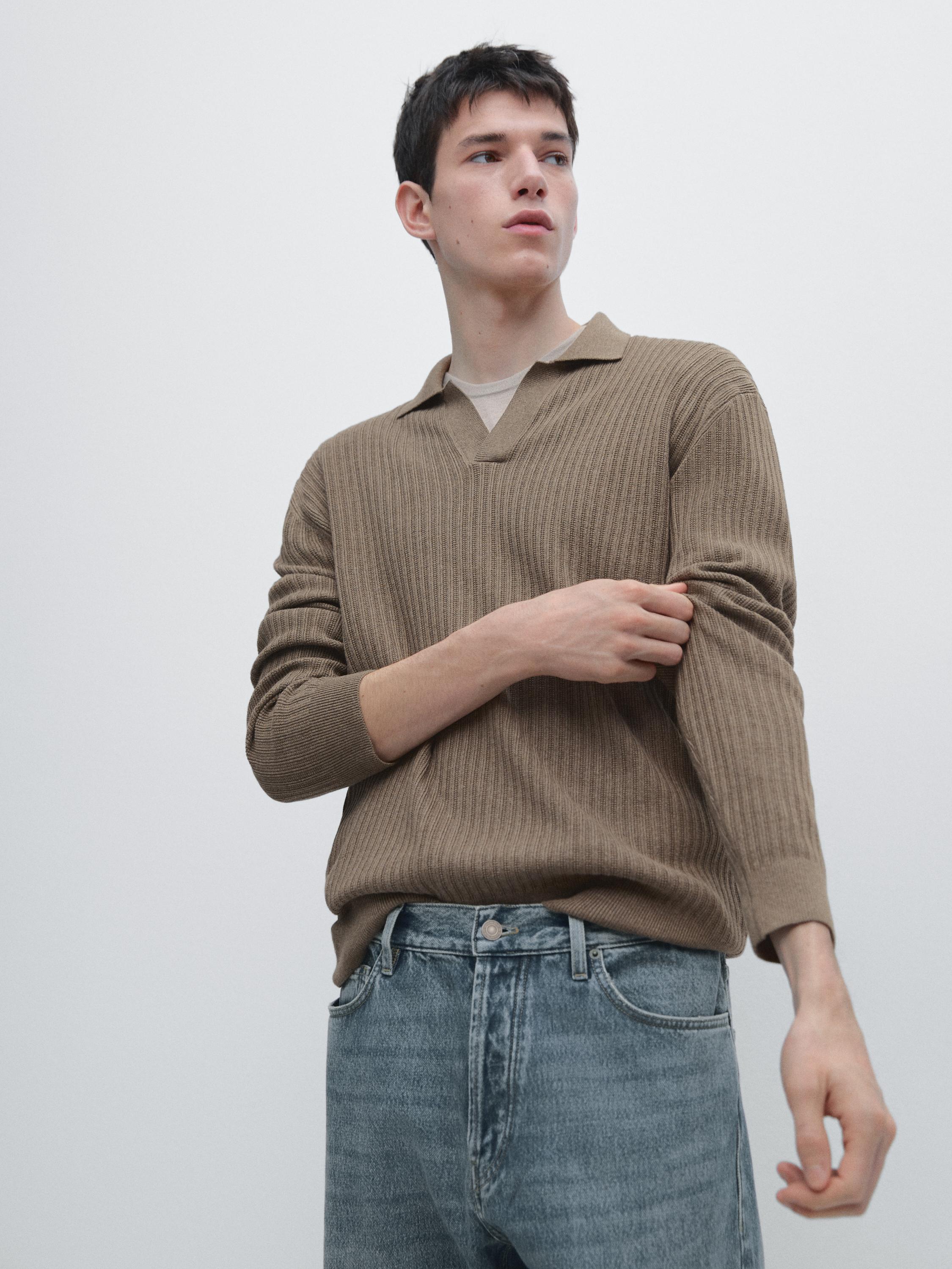 Cotton blend knit polo sweater — KHAKI