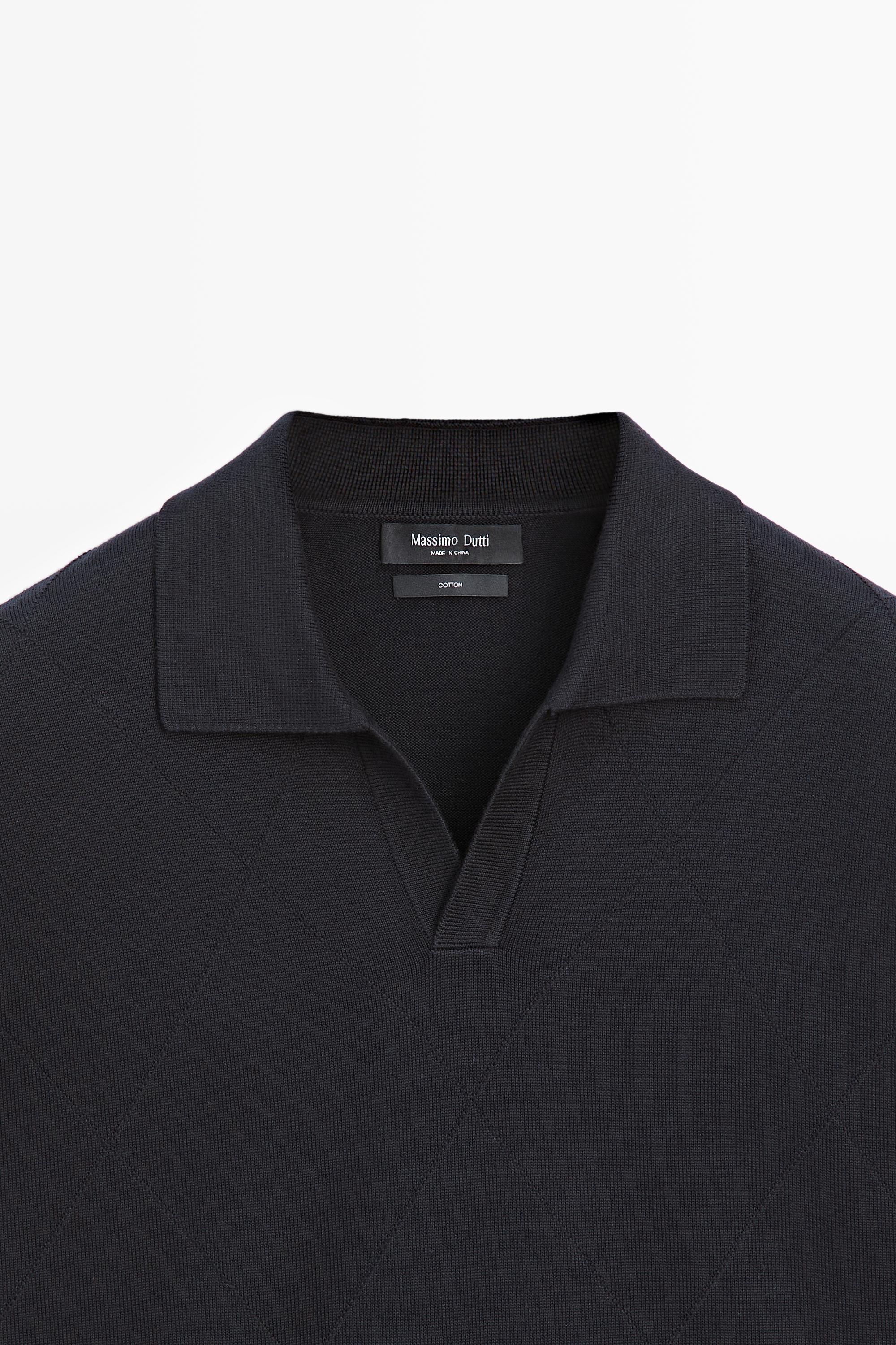 100% cotton intarsia knit polo shirt — NAVY BLUE