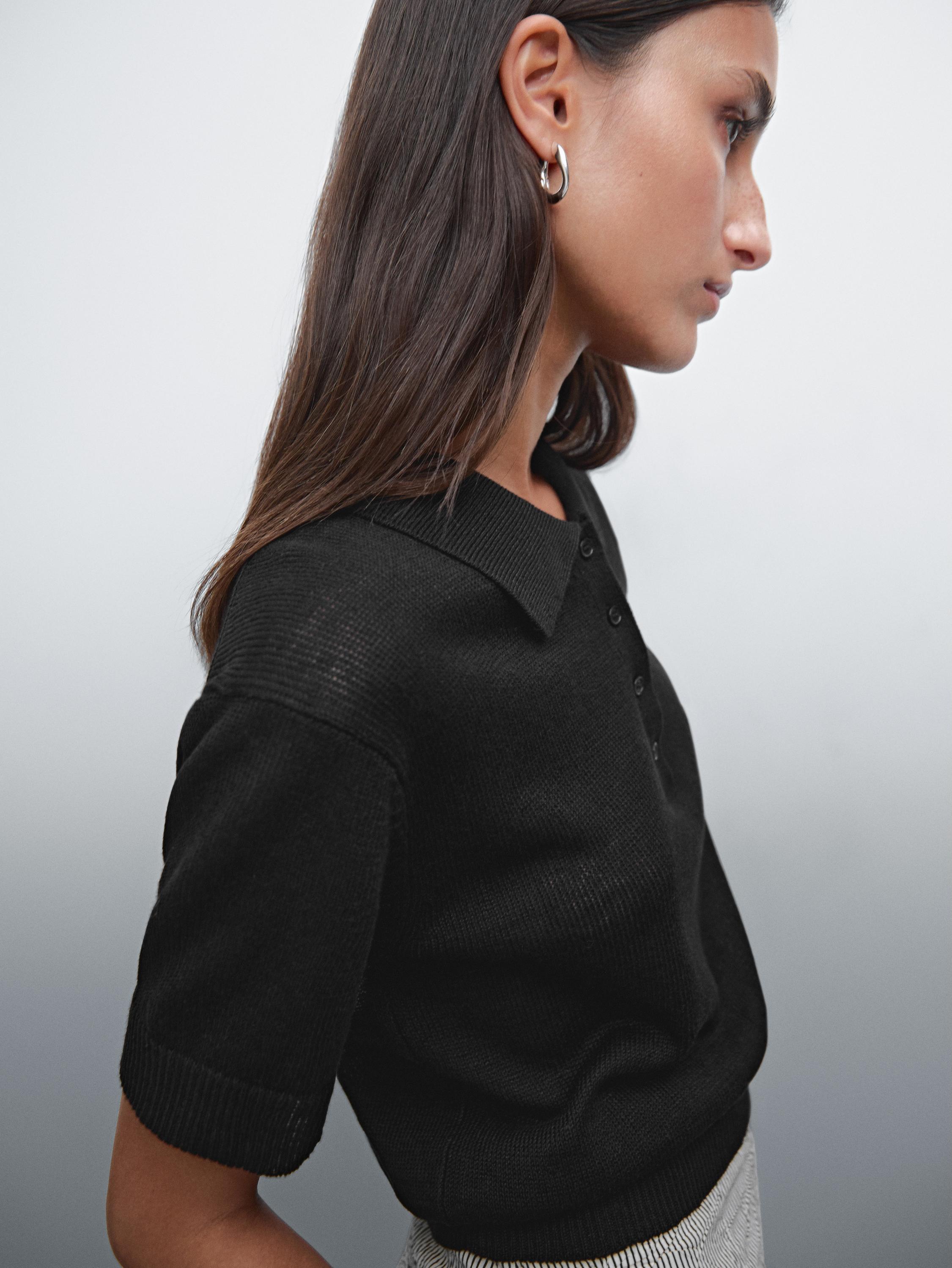 Linen blend cutwork polo sweater