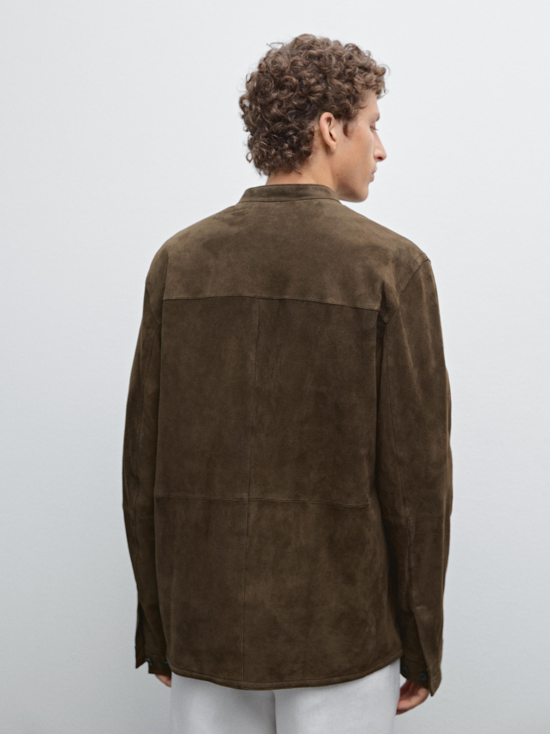 Suede leather stand collar shirt