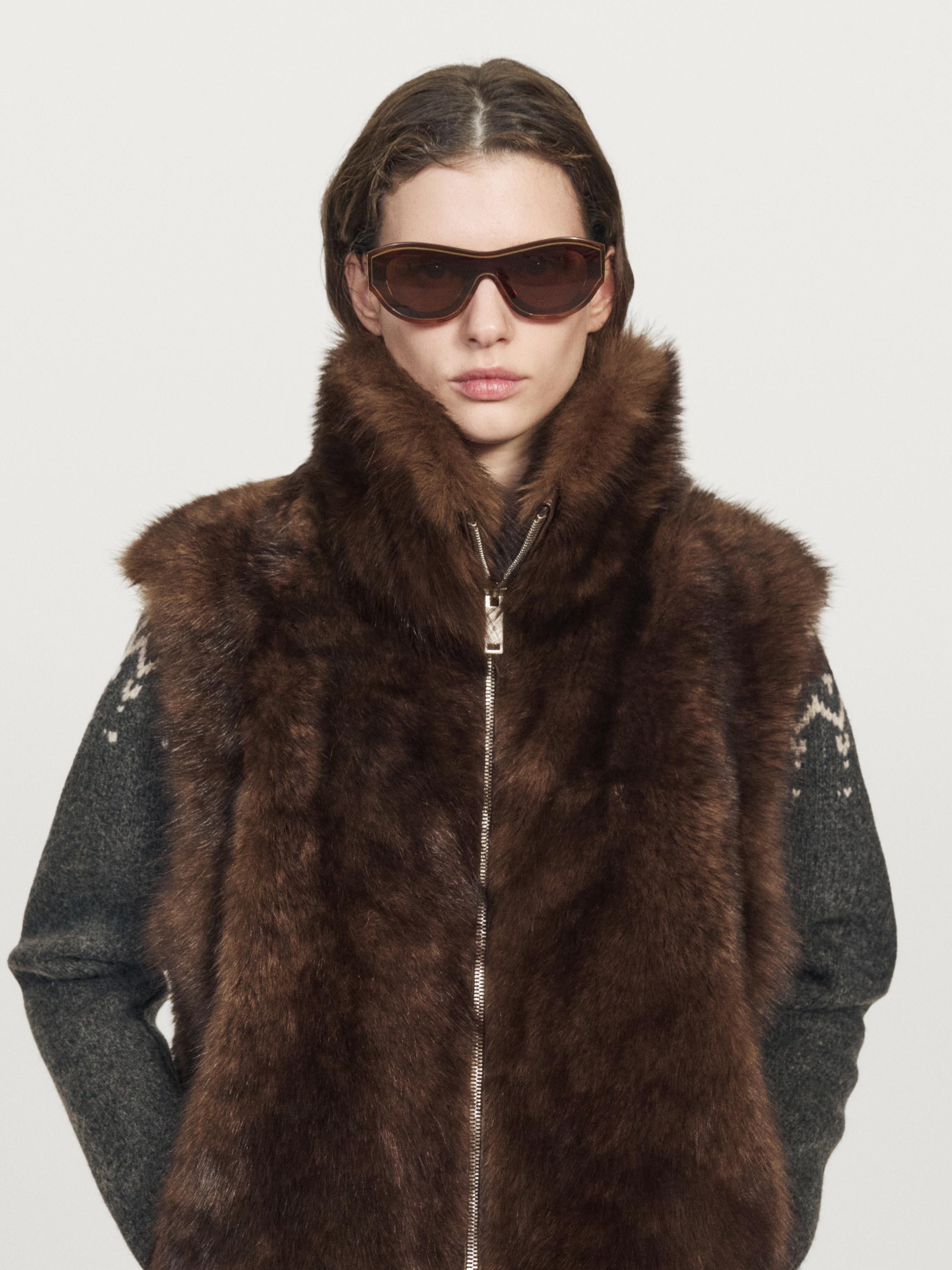 Leather high-neck waistcoat with fur — BROWN