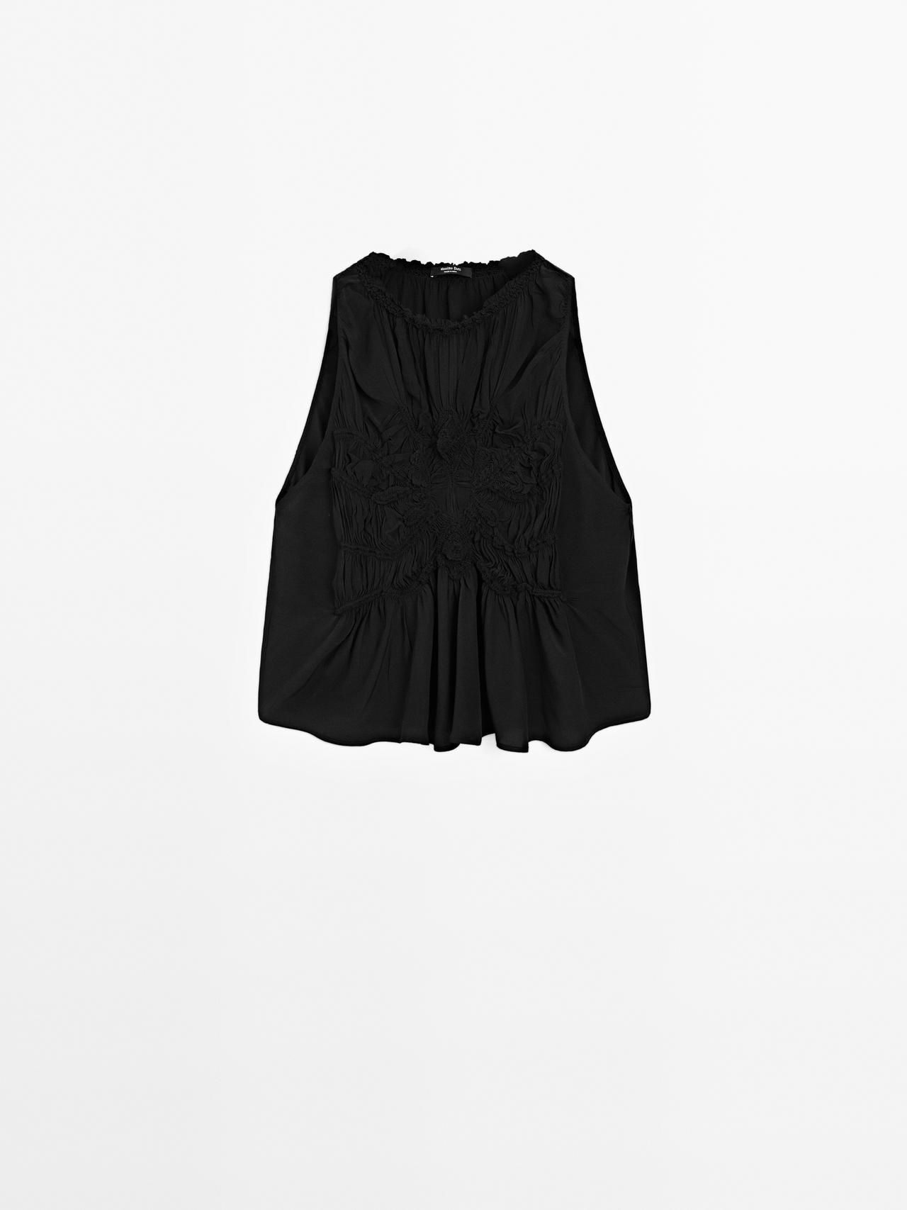 Massimo Dutti - Dame - Halterneck-Top Med Blødt Fald Og Rynket Detalje - Sort - M
