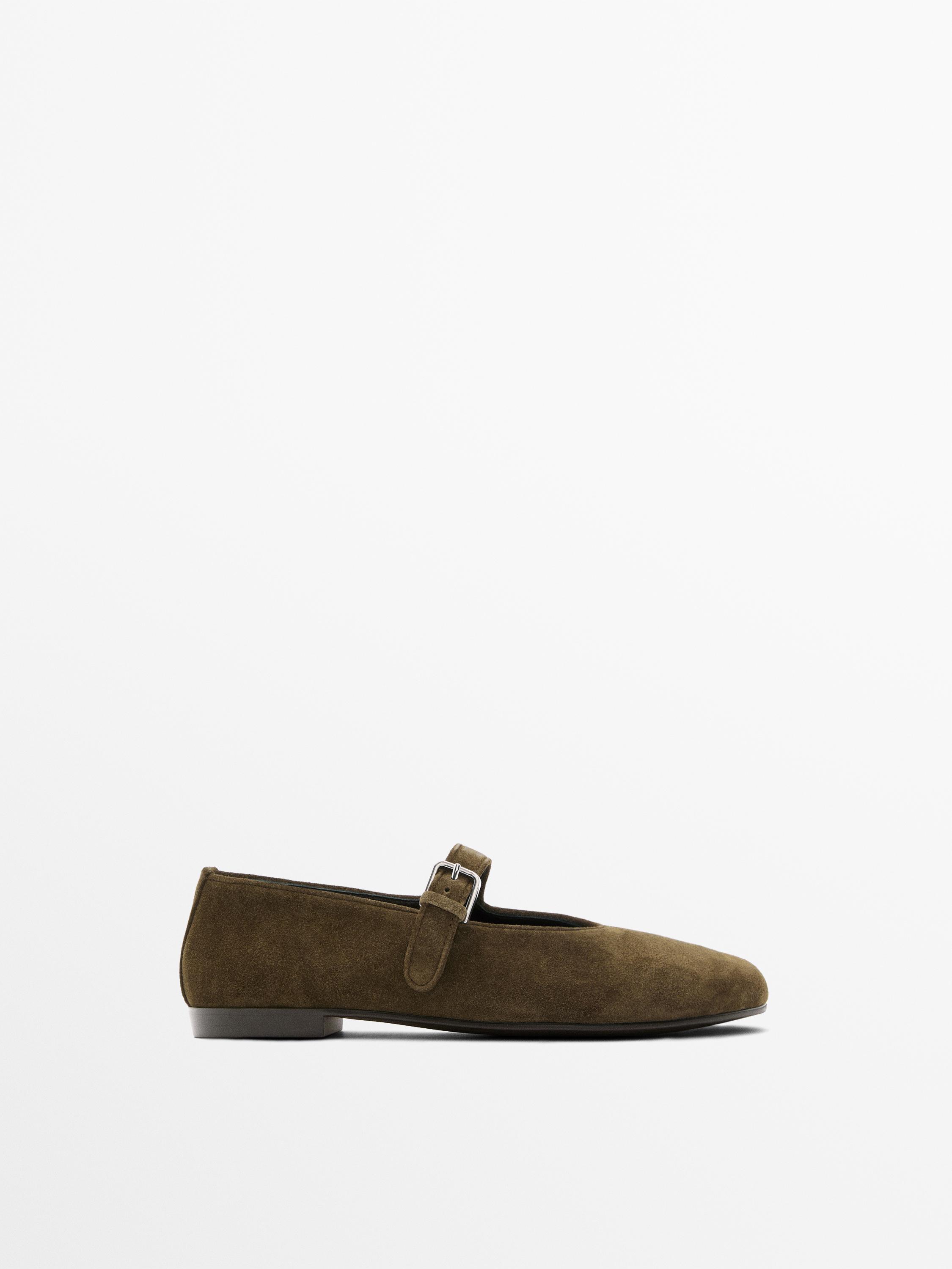 Split leather ballet flats — KHAKI