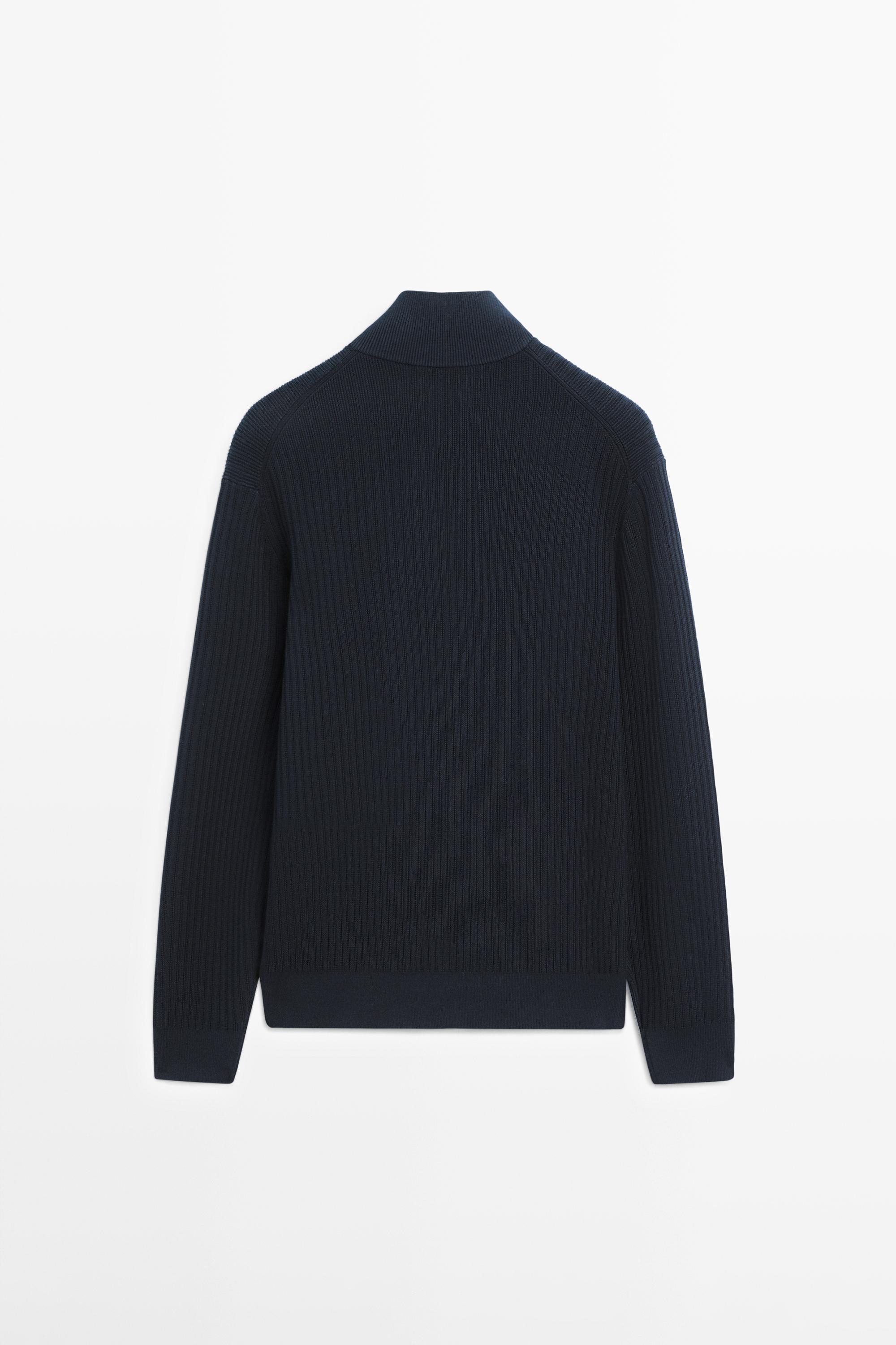 Cotton zip-up knit cardigan — NAVY BLUE