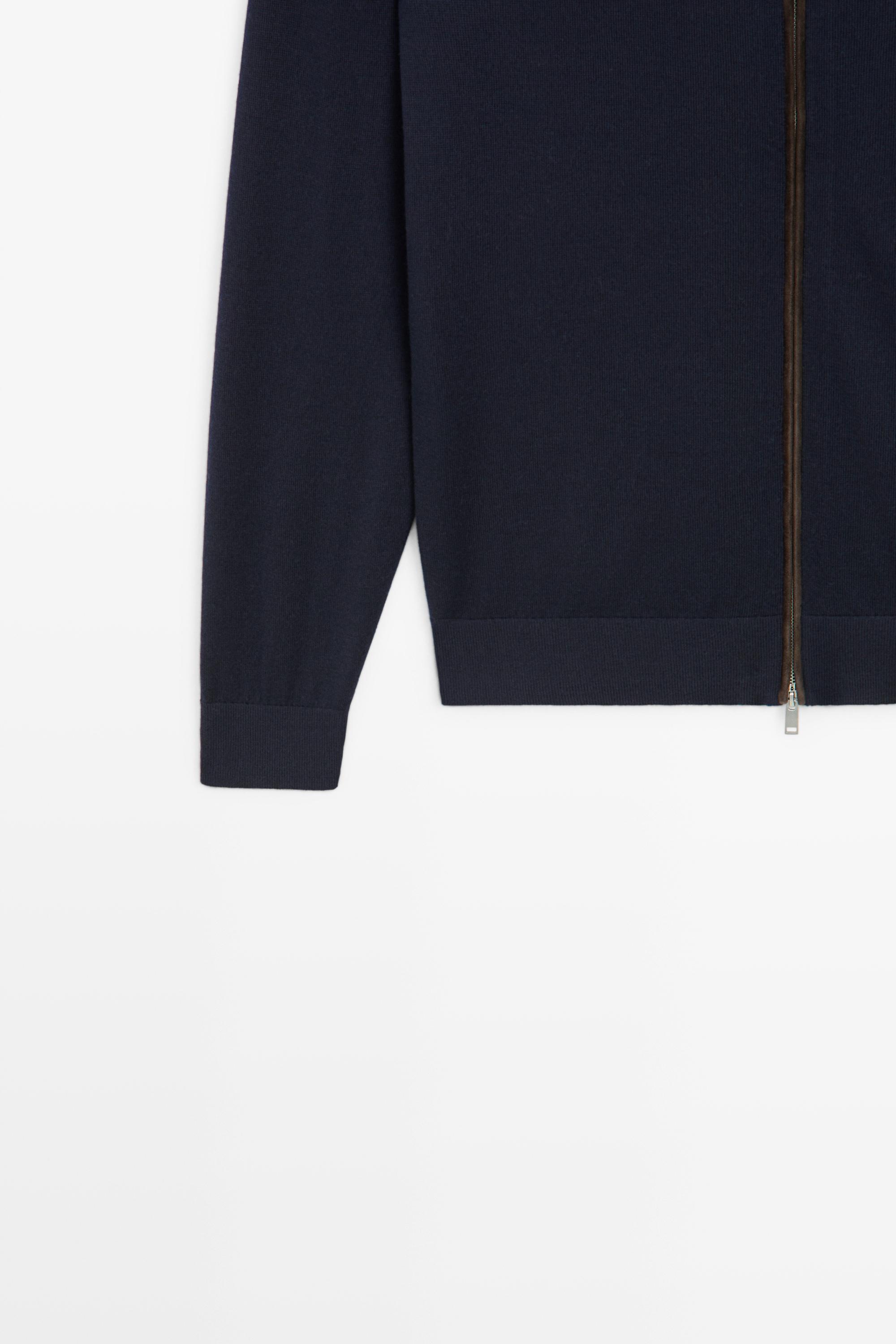 Merino wool blend zip-up knit cardigan — NAVY BLUE