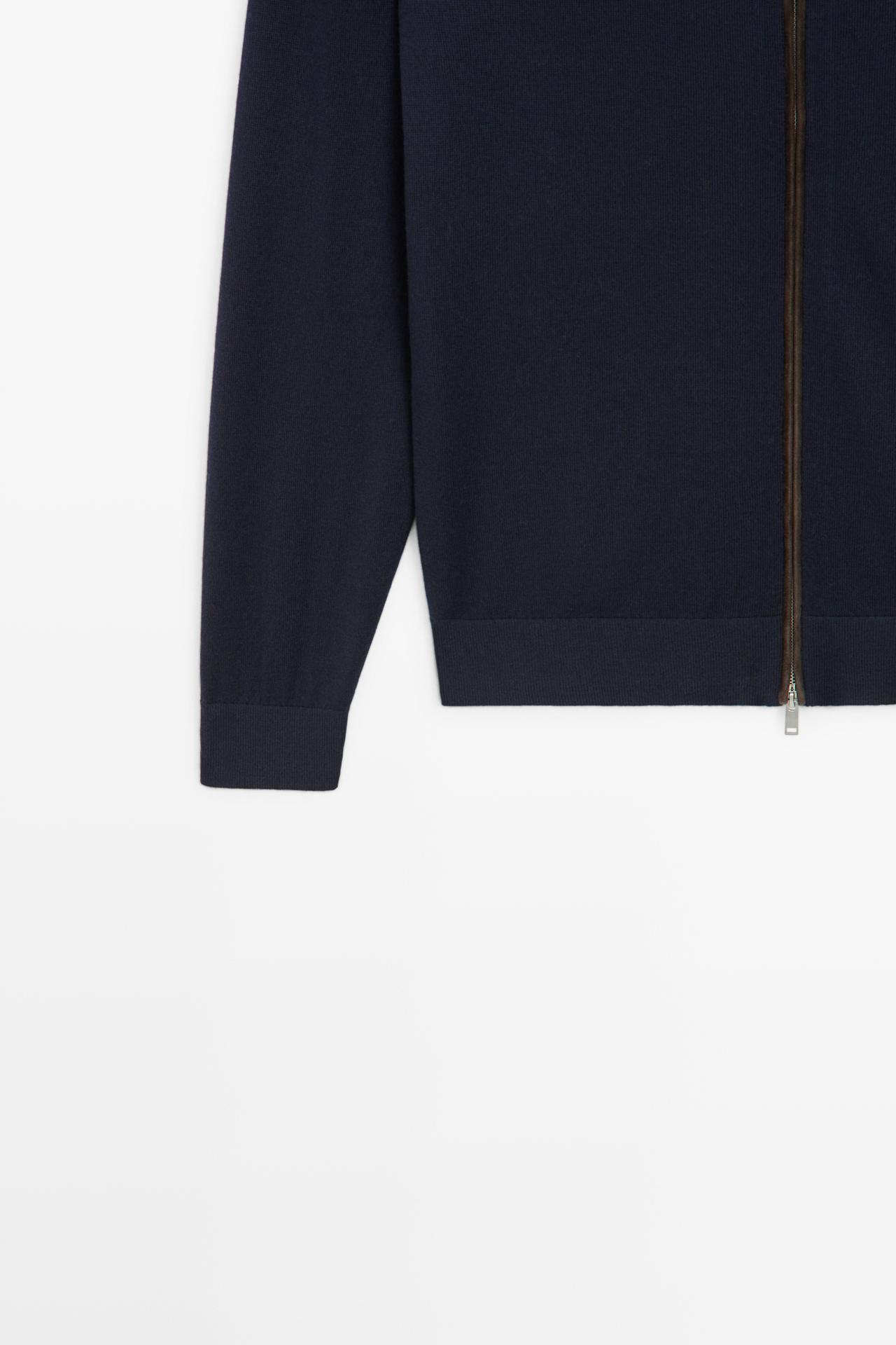 Merino wool blend zip-up knit cardigan — NAVY BLUE