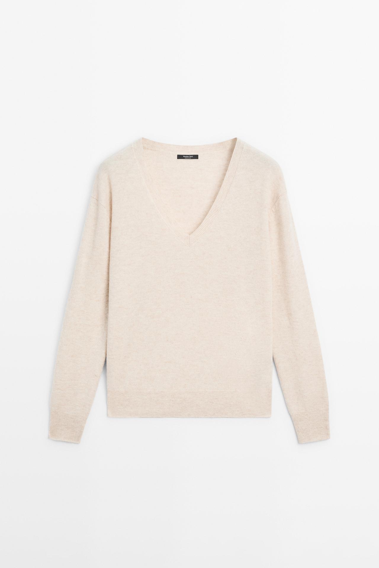 Wool blend V-neck knit sweater — BEIGE MARL