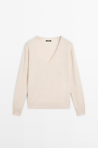 Wool blend V-neck knit sweater — BEIGE MARL 2