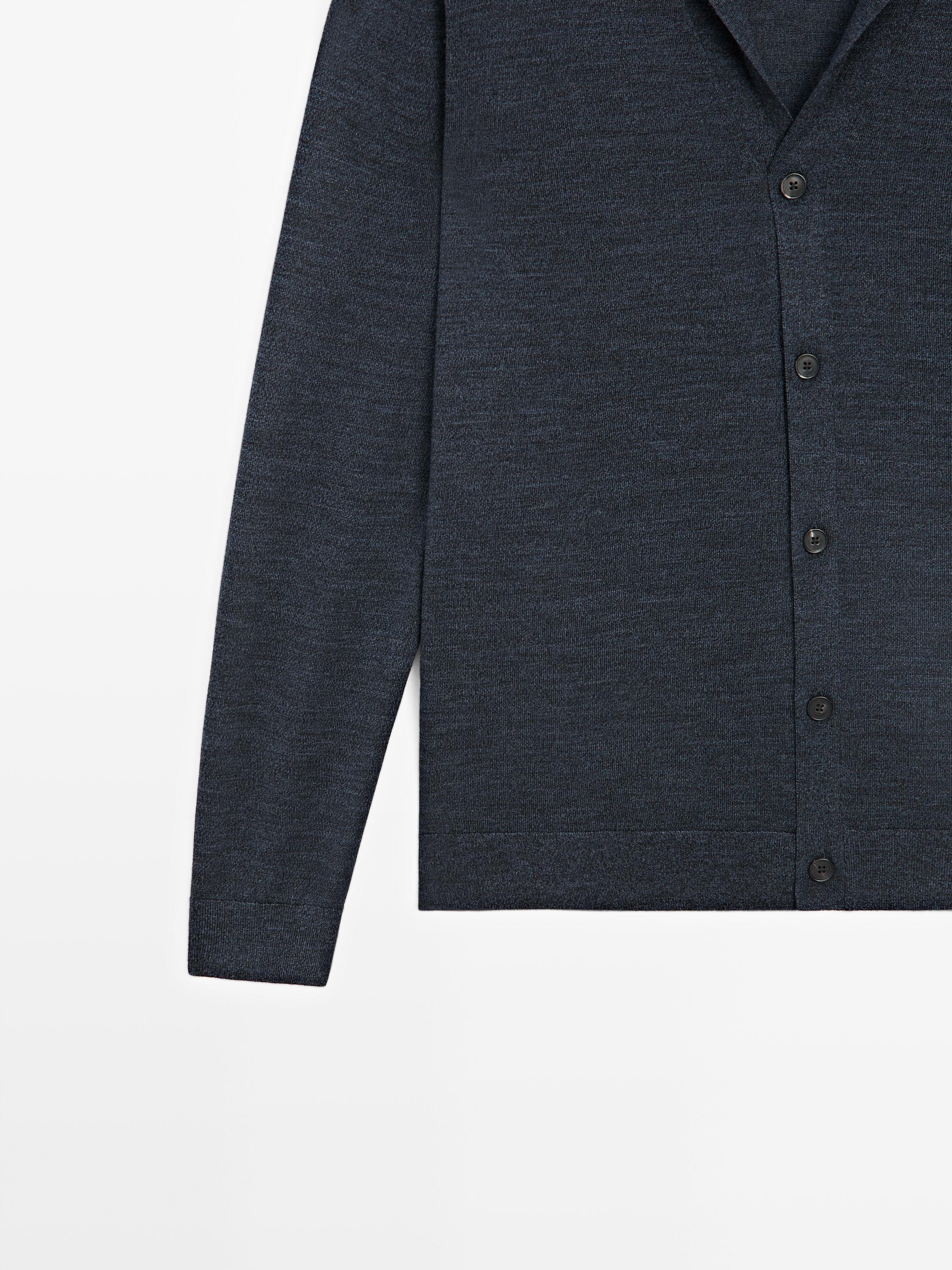 Wool blend knit cardigan with lapel collar — DARK NAVY