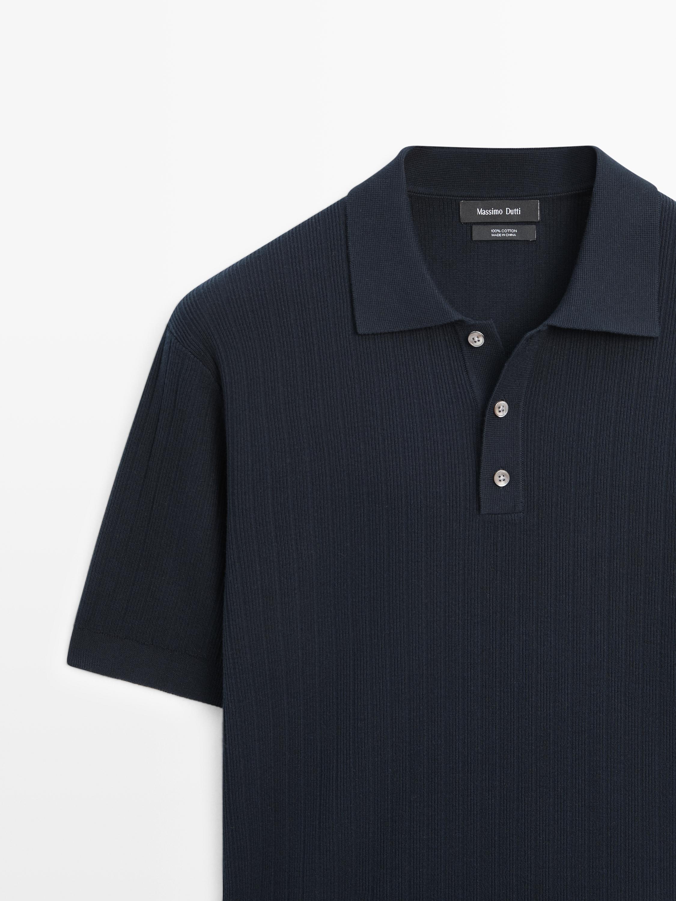 Ribbed knit cotton polo shirt — NAVY BLUE
