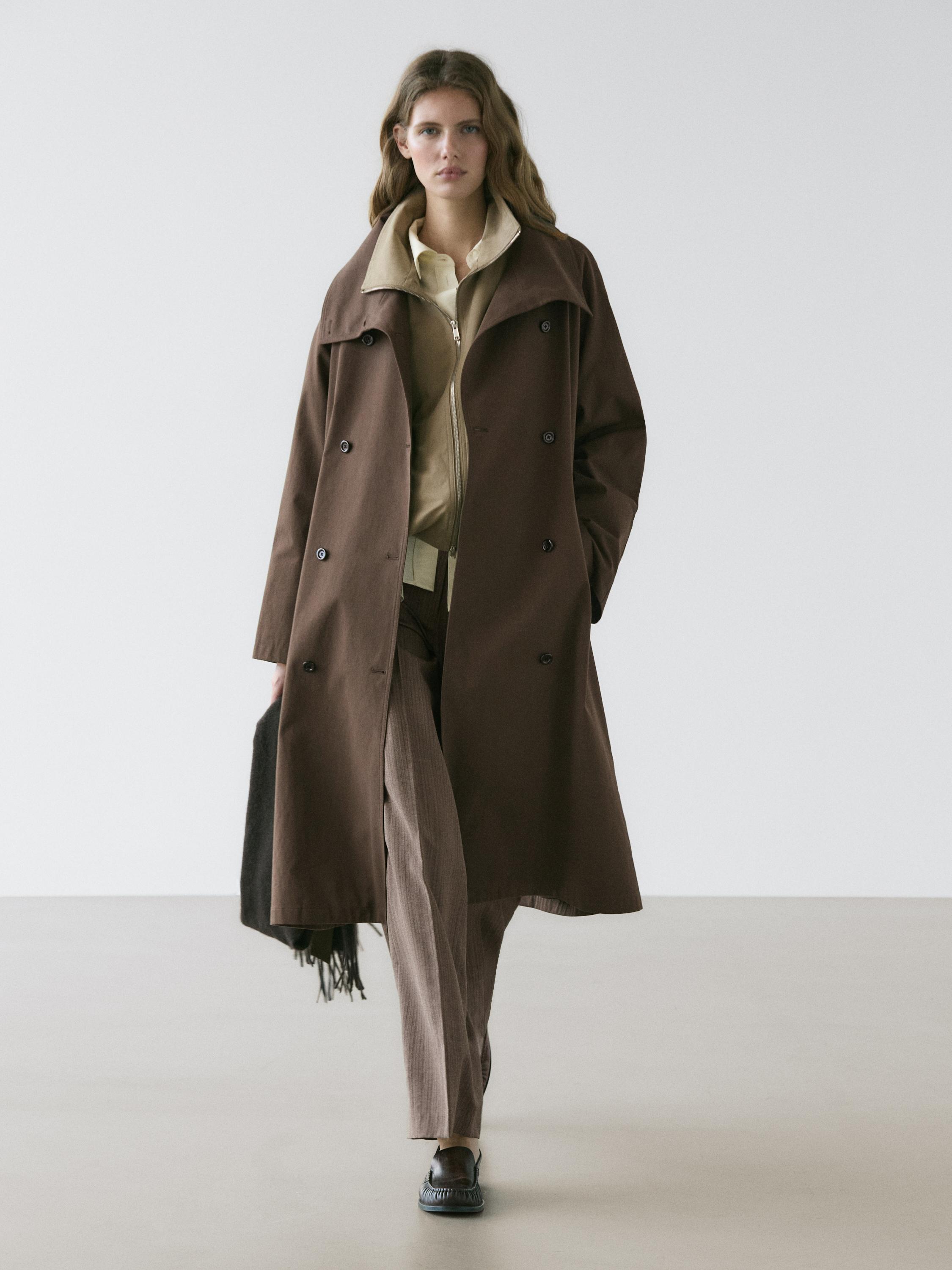 High collar trench coat — BROWN