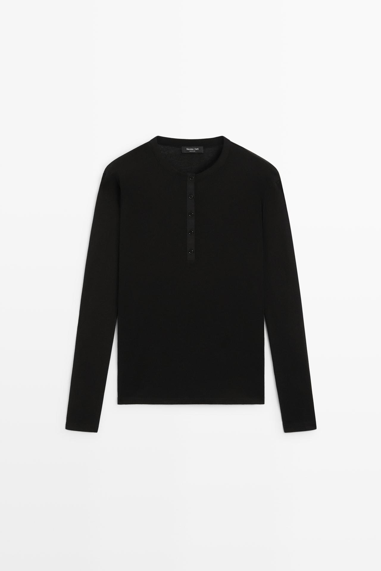 Buttoned henley T-shirt — BLACK
