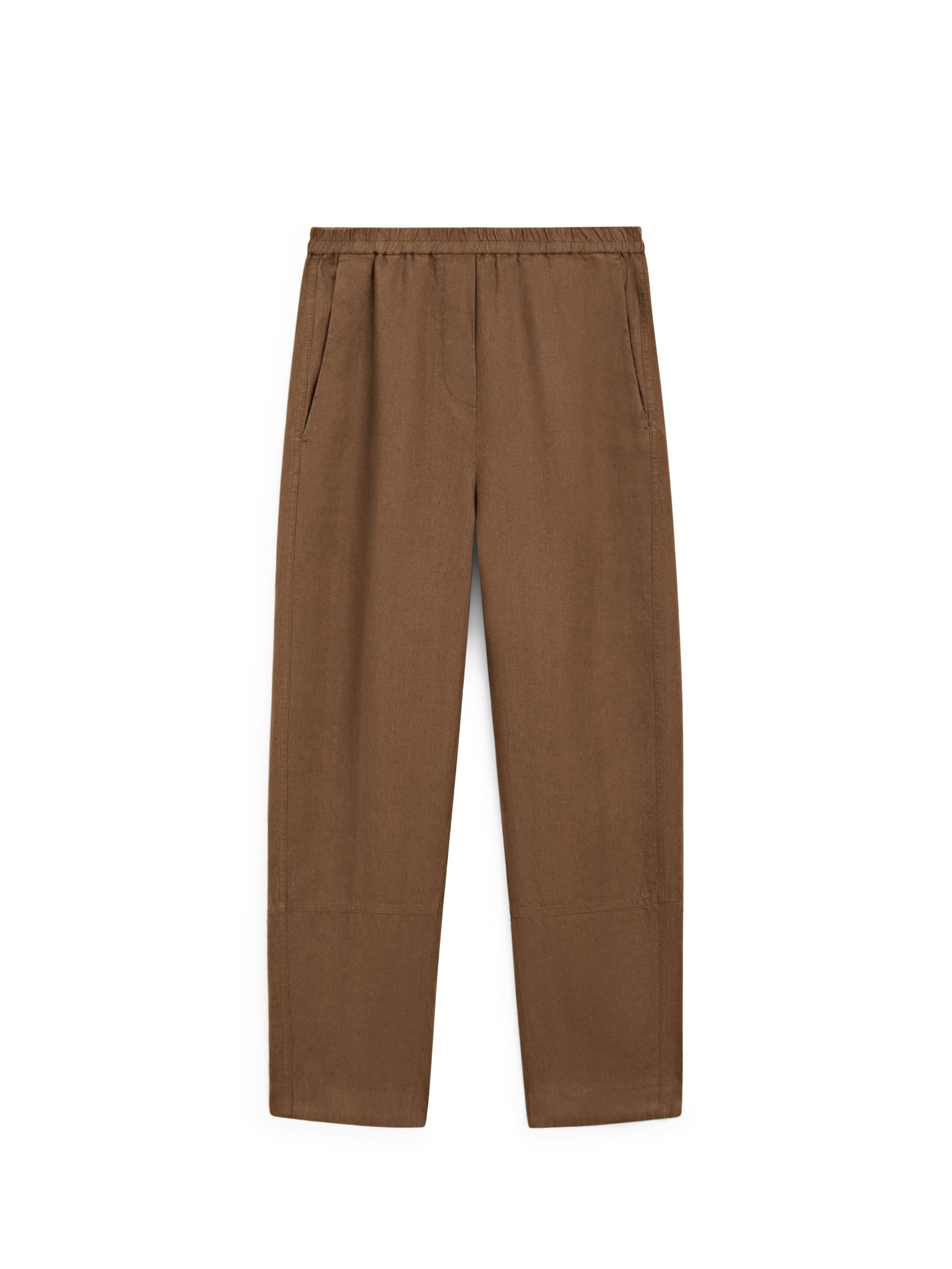 Linen pants with elastic waistband detail — BROWN
