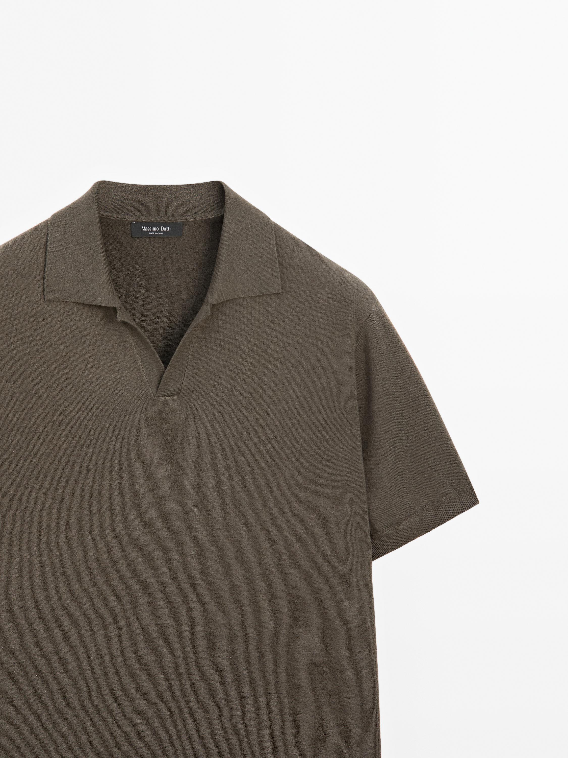 Linen blend knit V-neck polo shirt