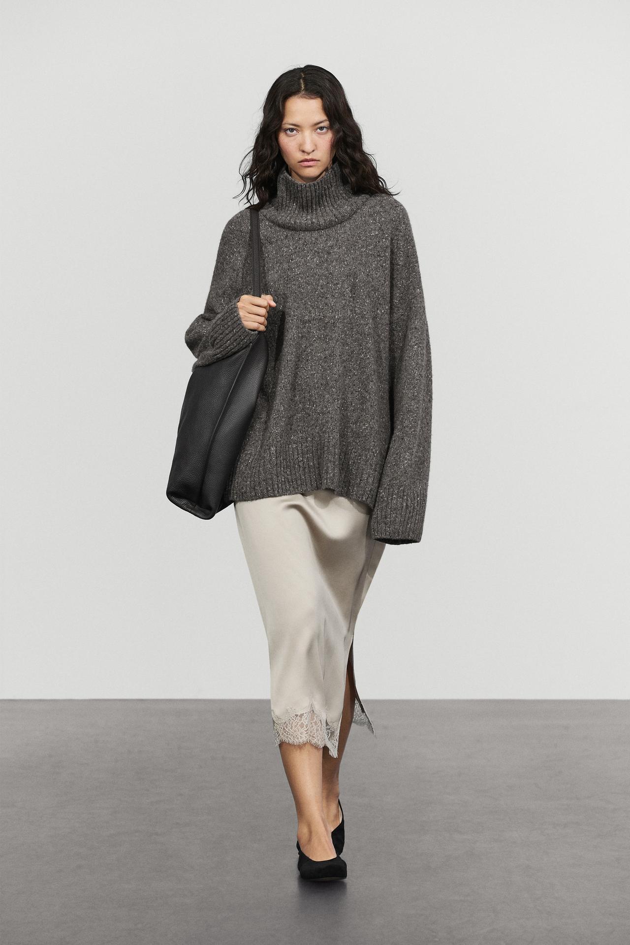 Satin lace midi skirt — Pearl grey
