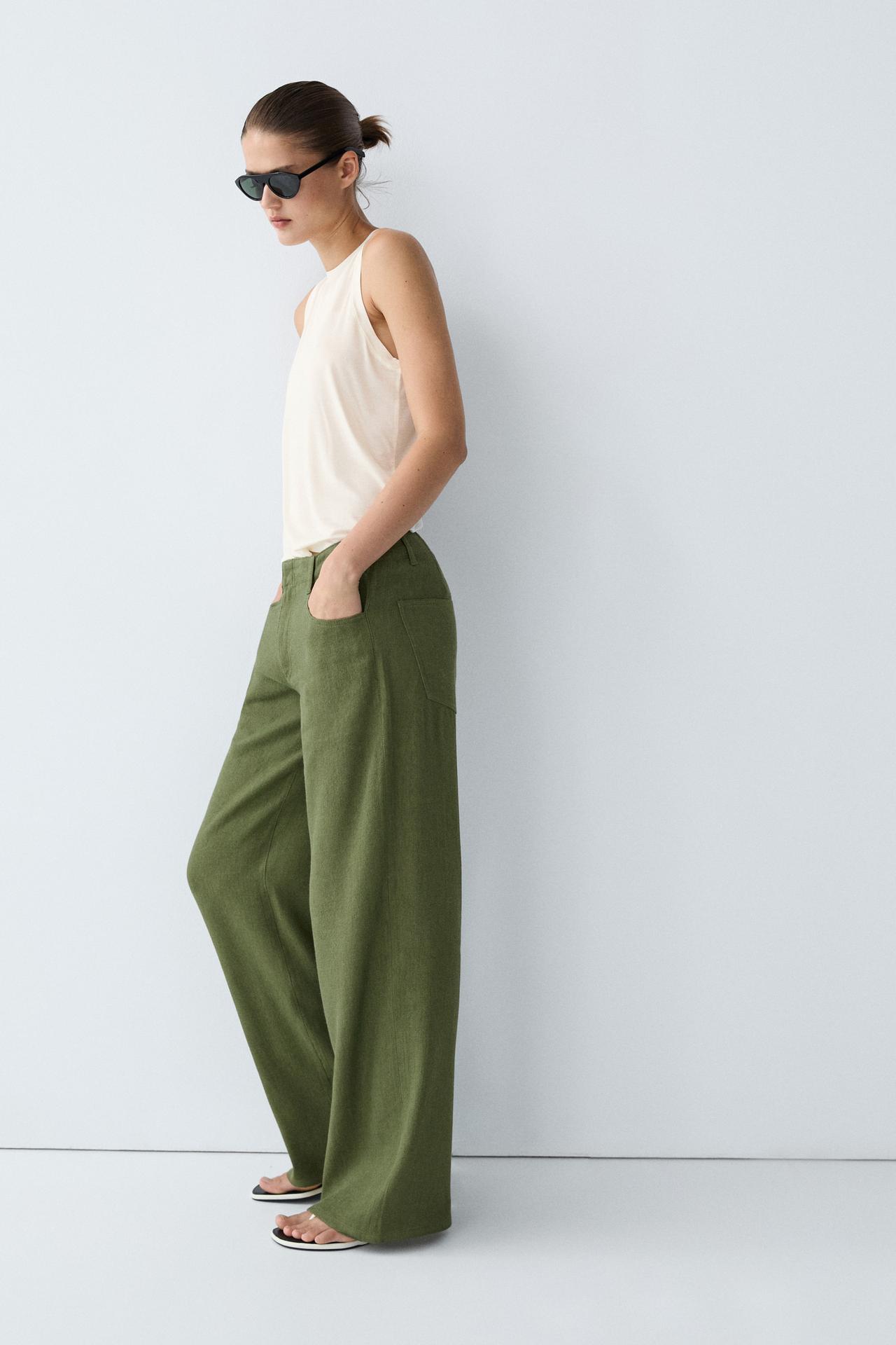 Straight linen blend pants — GREEN