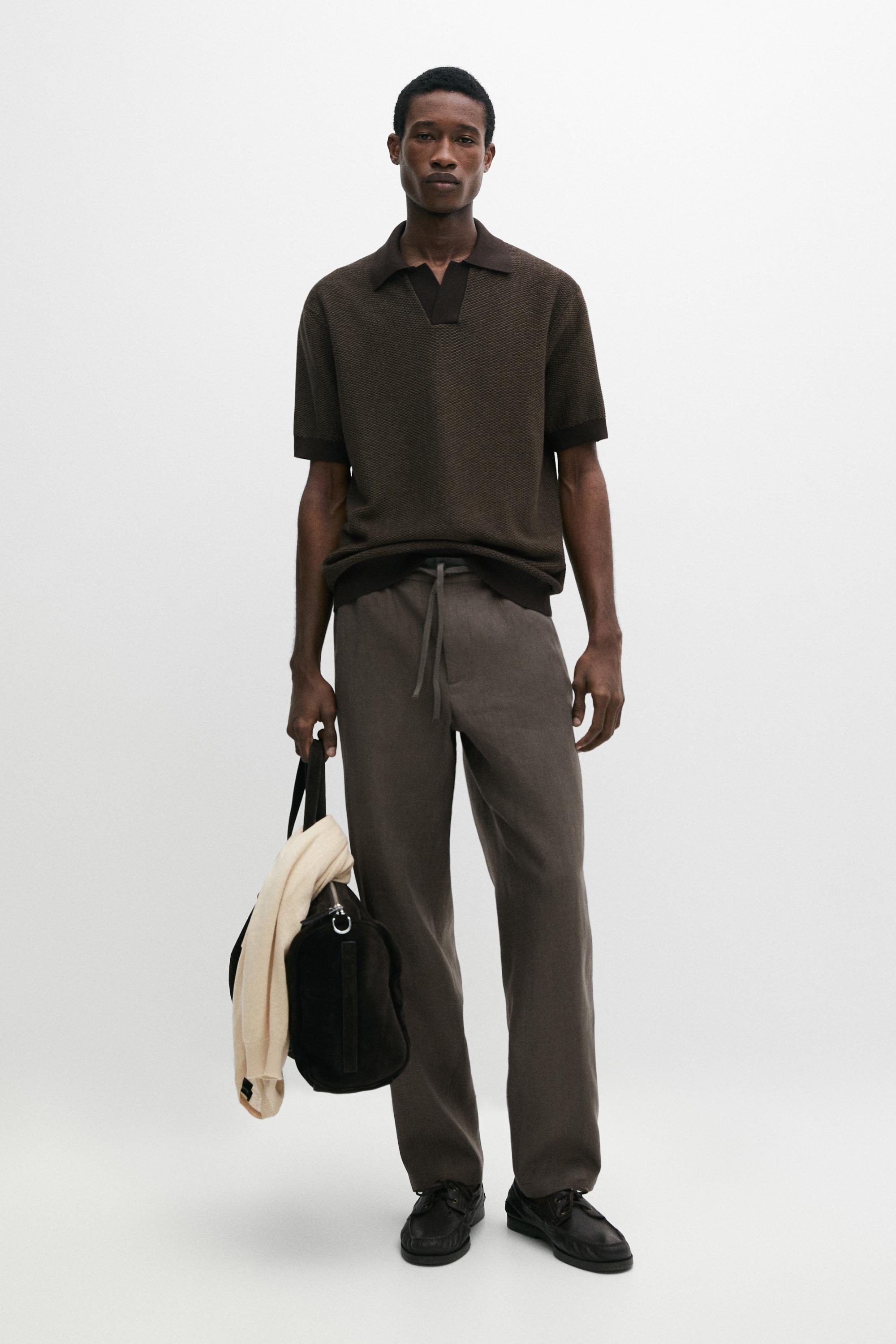 100% cotton textured knit polo sweater — BROWN MARL