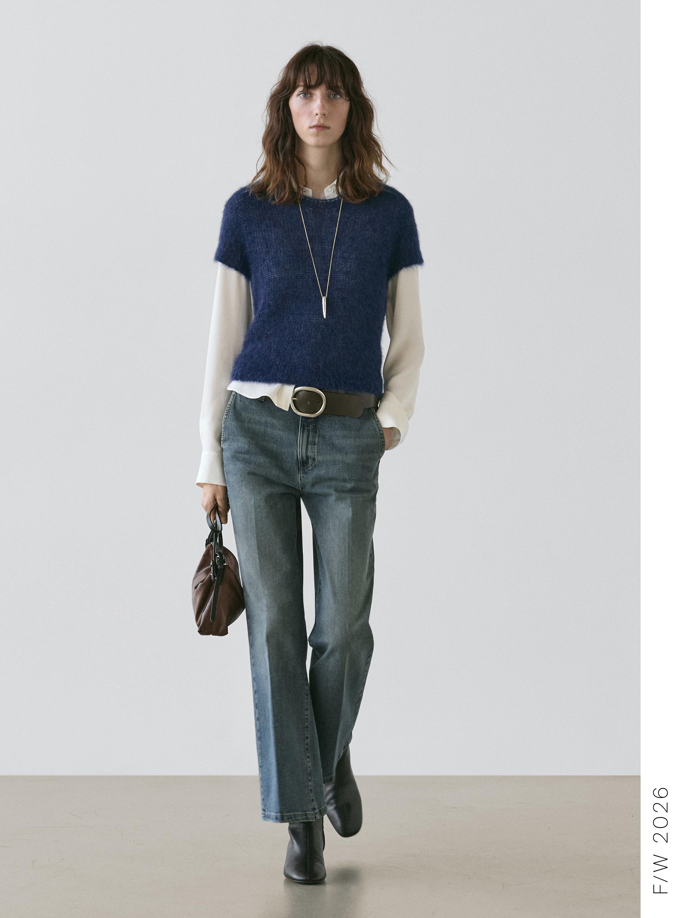 Short sleeve knit alpaca blend sweater — Dark Blue