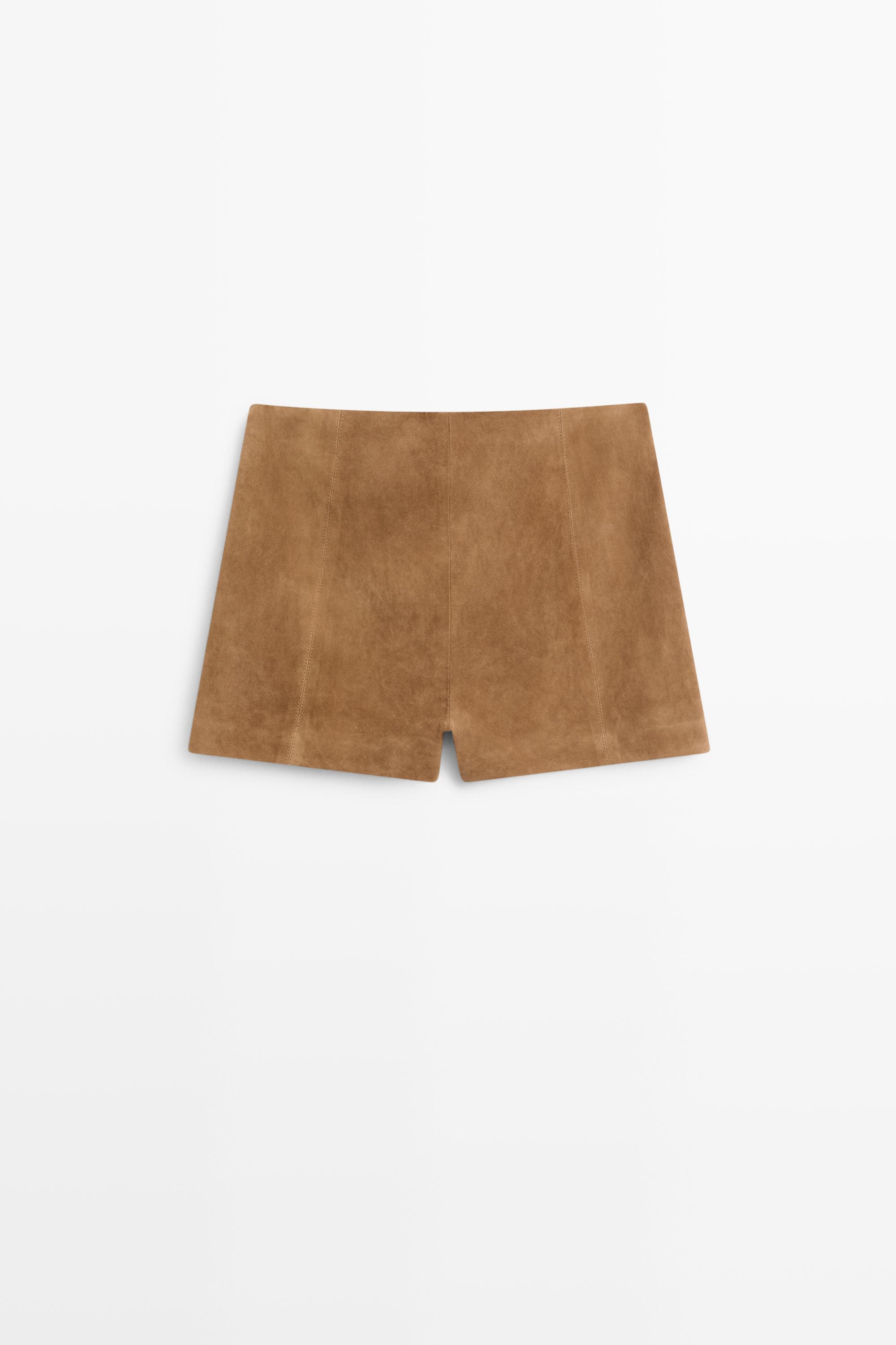 Suede leather shorts with seam details — CAMEL