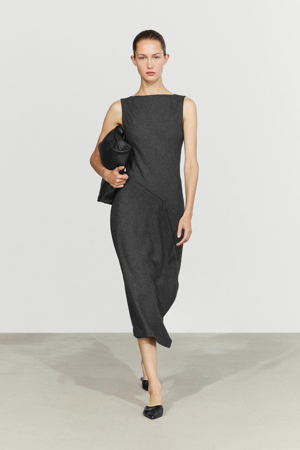 Massimo Dutti Asimmetrik midi paltar, draplı detallı