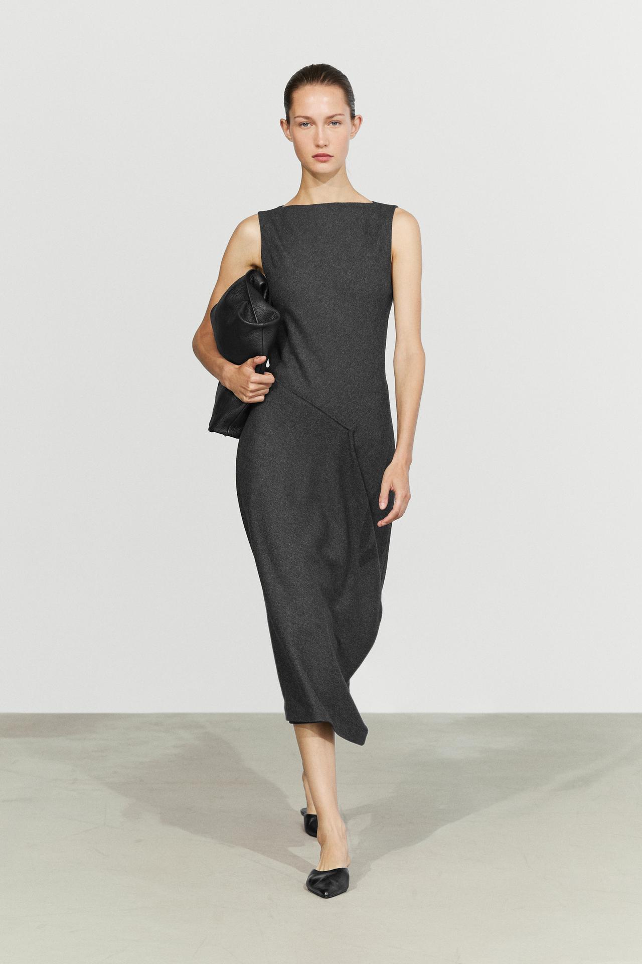 Asymmetric midi dress with draped detail — GREY