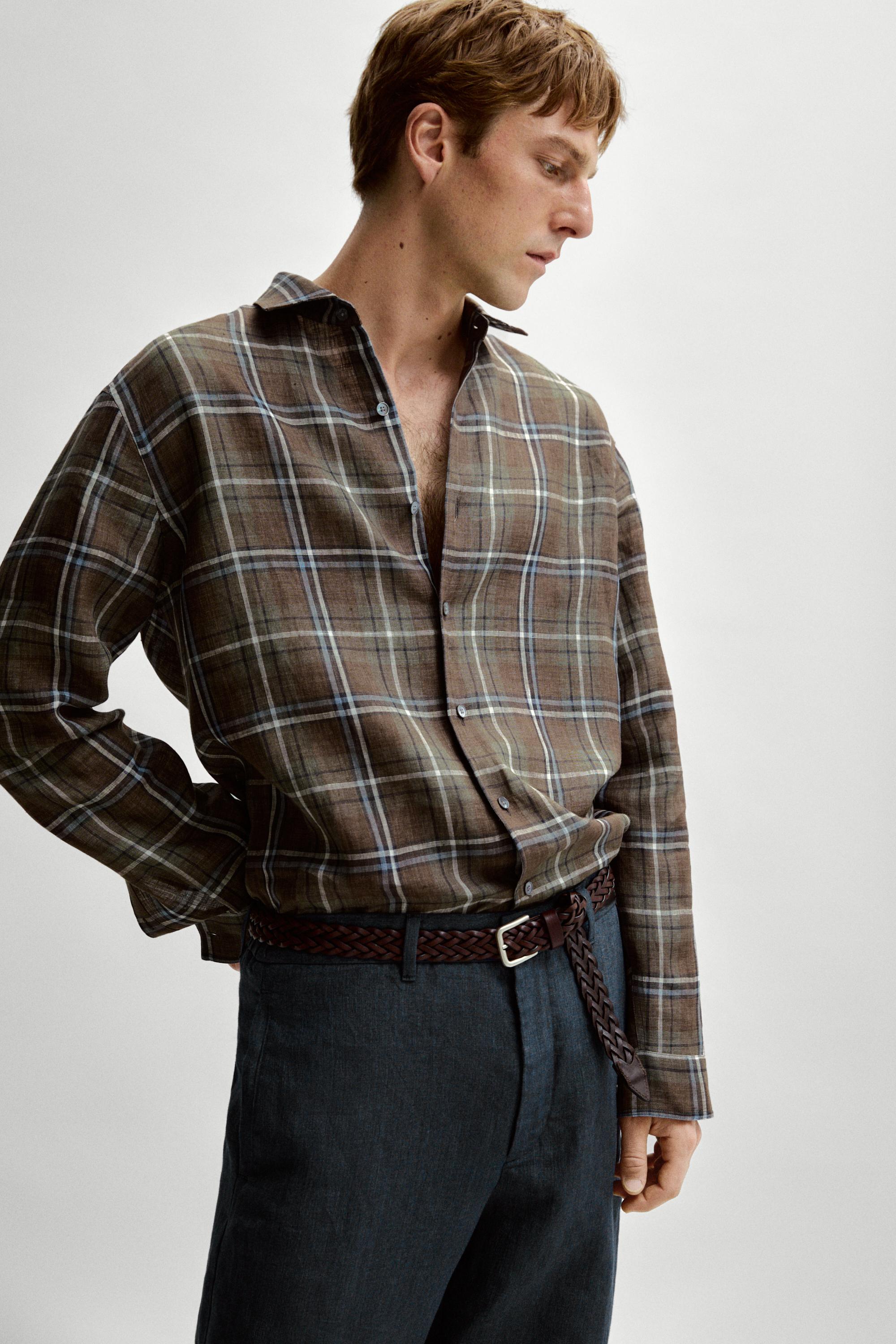100% linen regular fit check shirt — GREEN