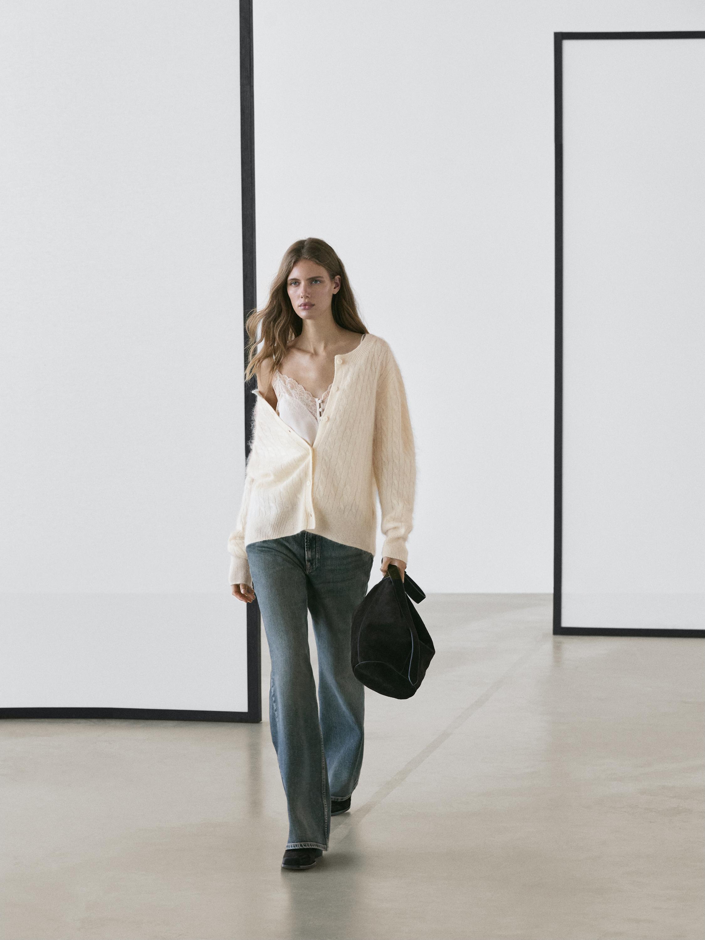 Áo cardigan dệt kim kiểu cáp len 00%