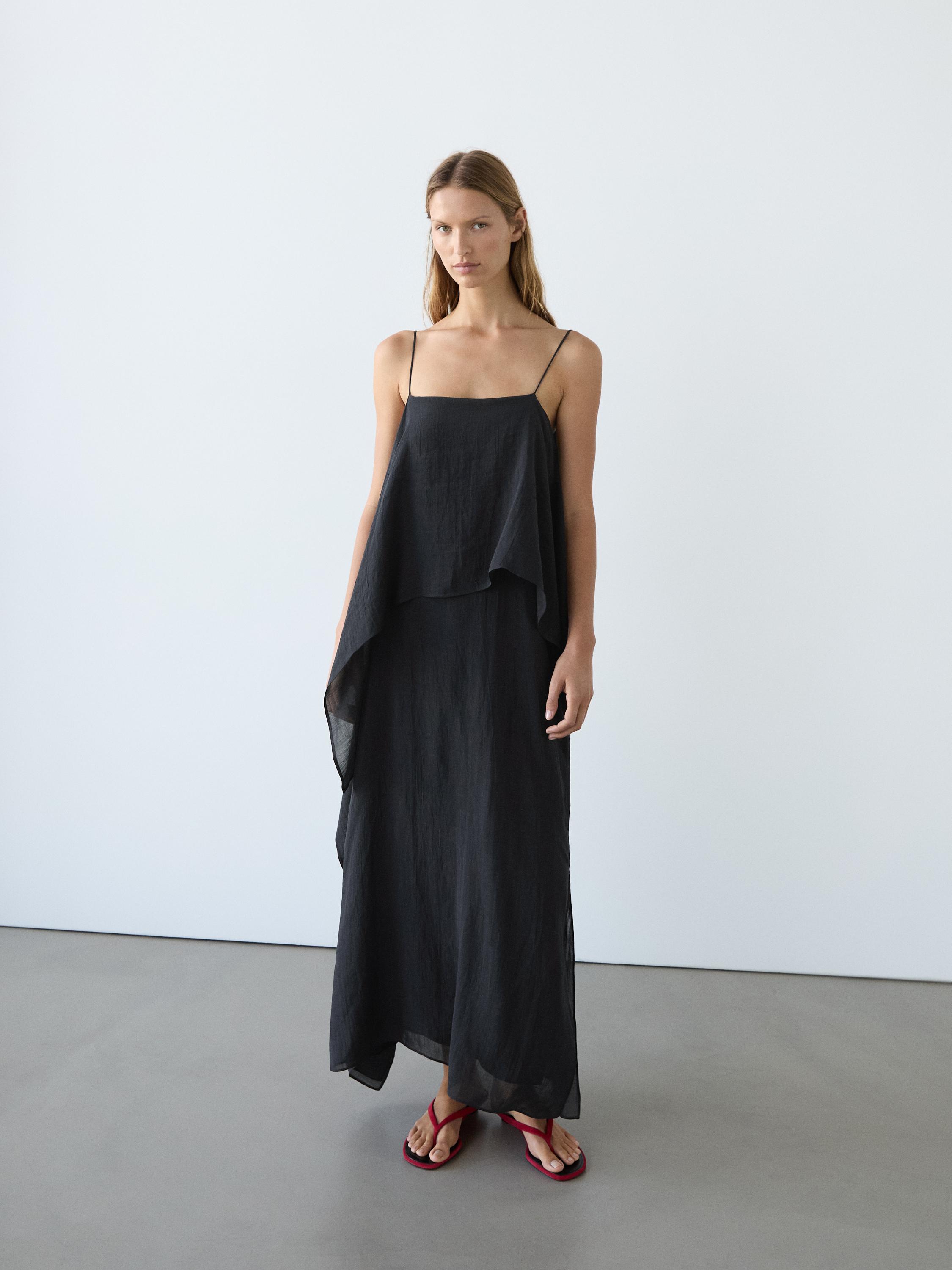 Midi dress with asymmetric ruffle detail — Dark Blue