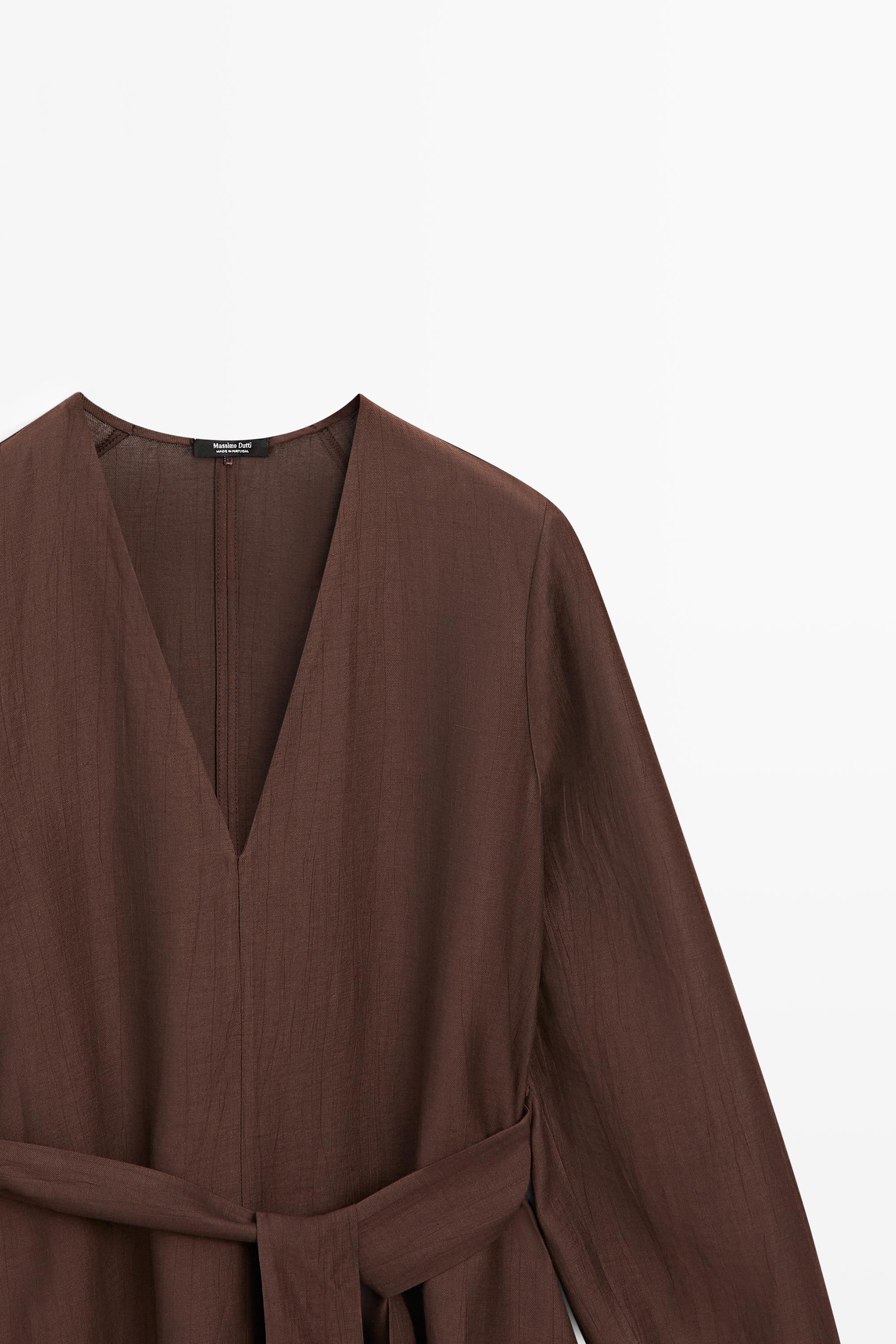 Flowing linen blend midi dress with belt — BROWN