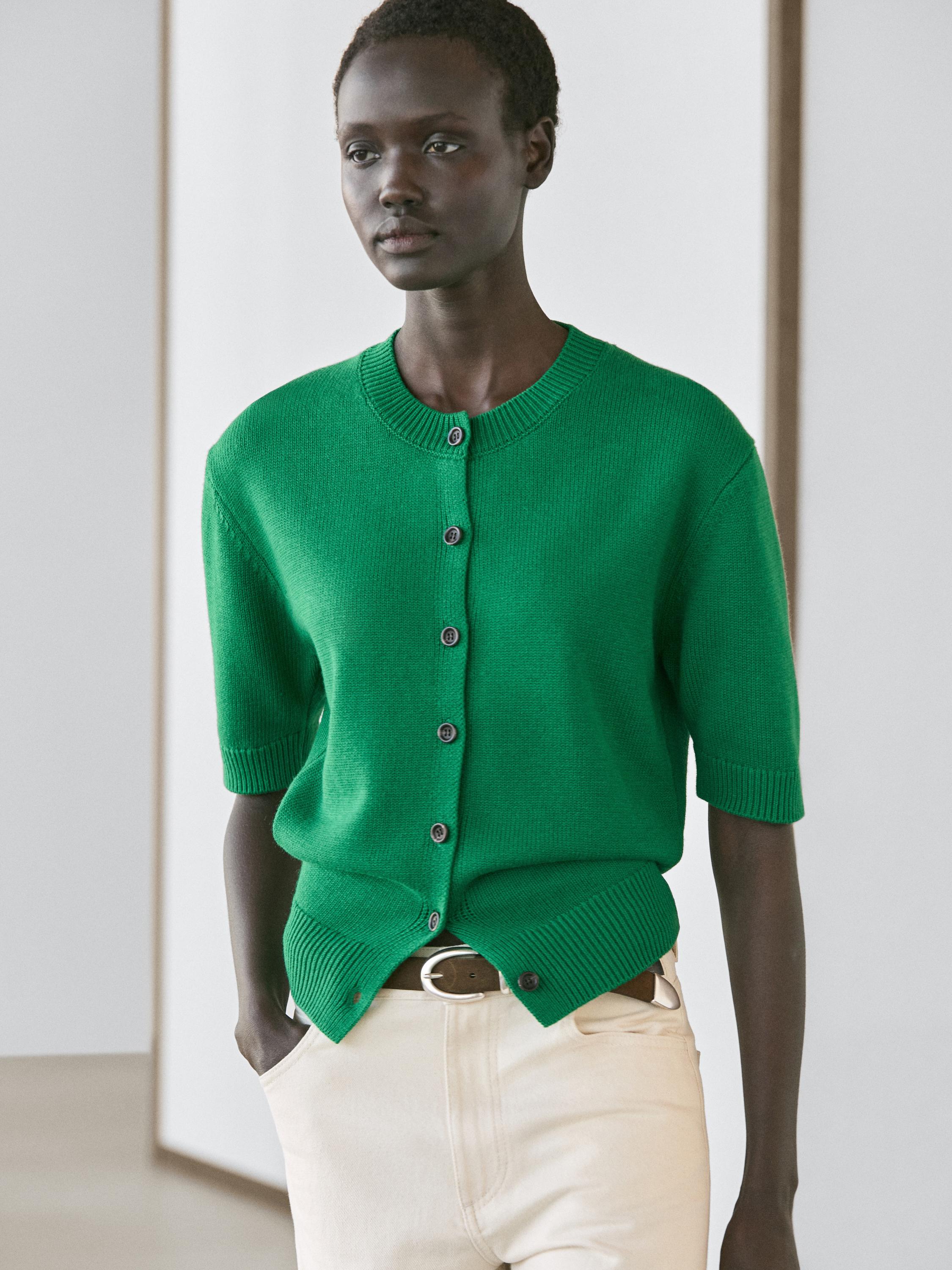 Short-sleeved knit cardigan in wool blend