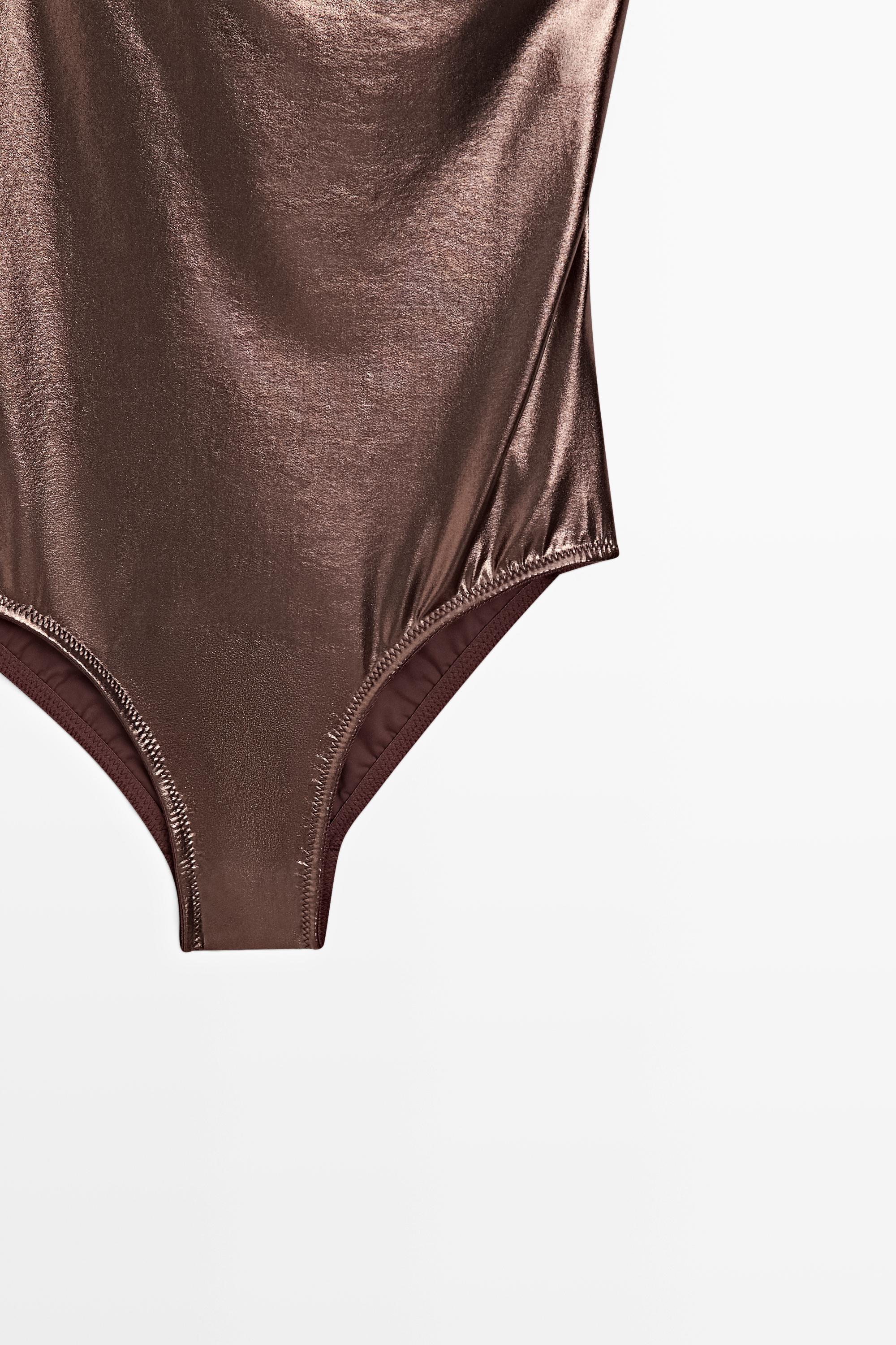 Swimsuit with asymmetric strap — BROWN