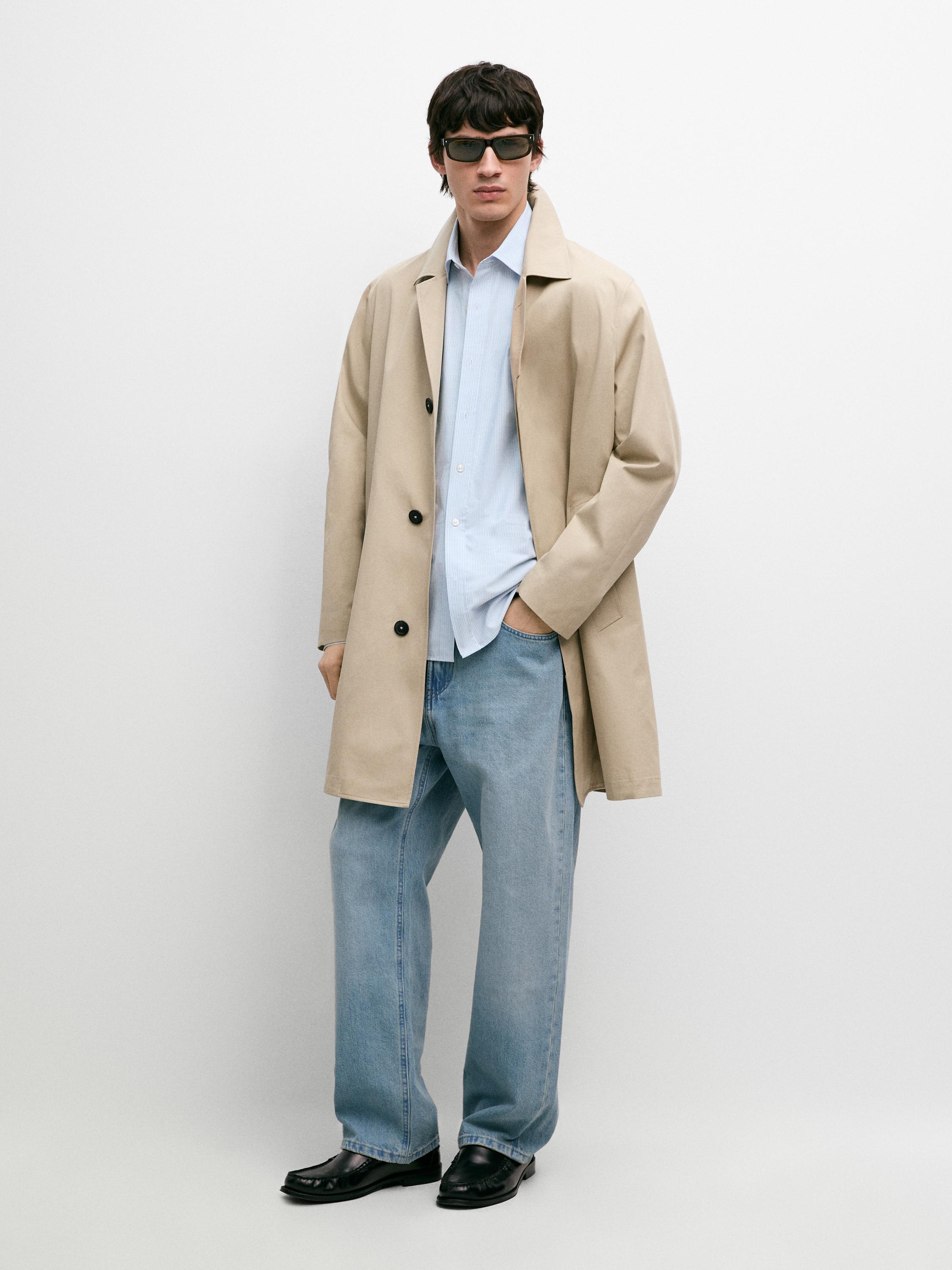 Check cotton trench coat with interior detail — BEIGE