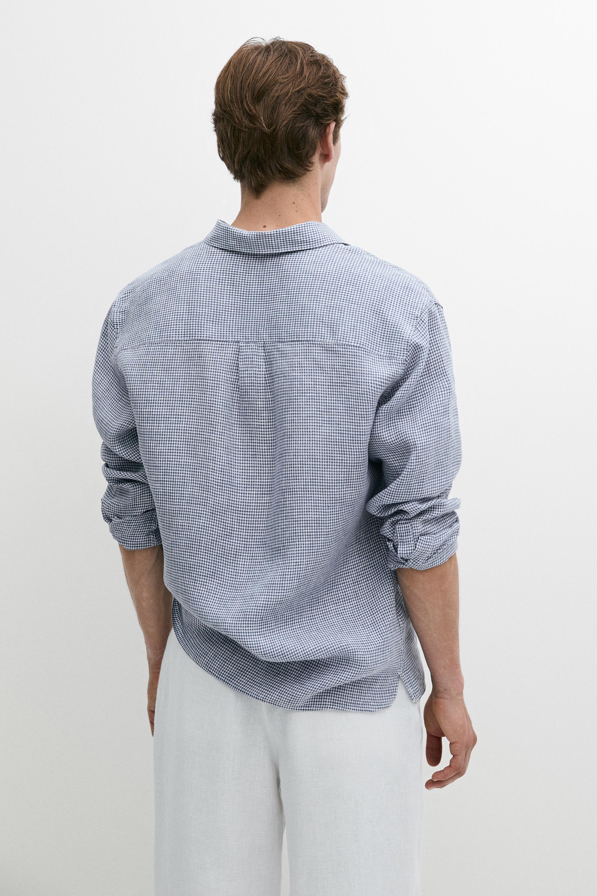 100% linen regular fit gingham shirt — NAVY BLUE