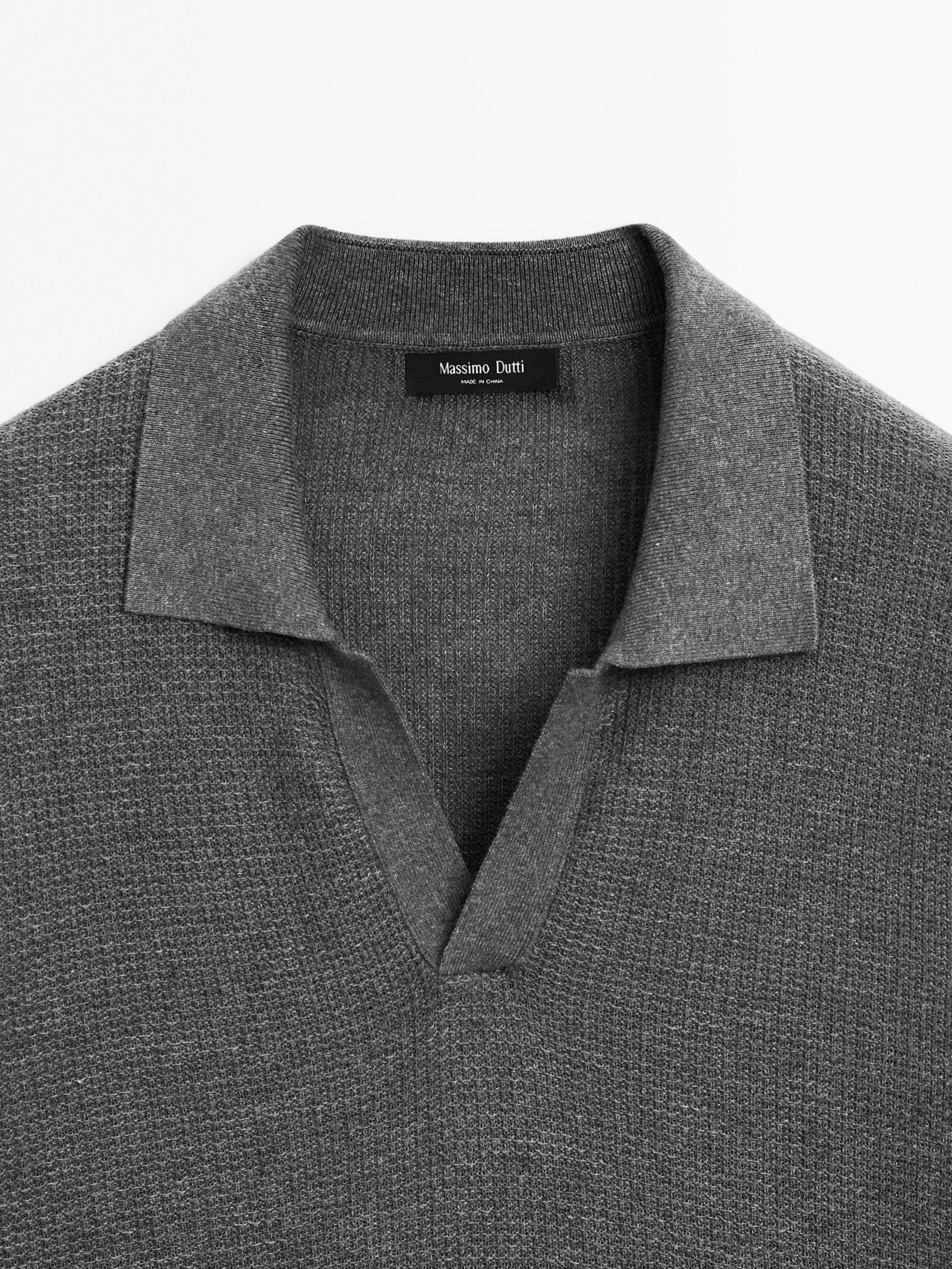 Linen blend textured knit polo shirt