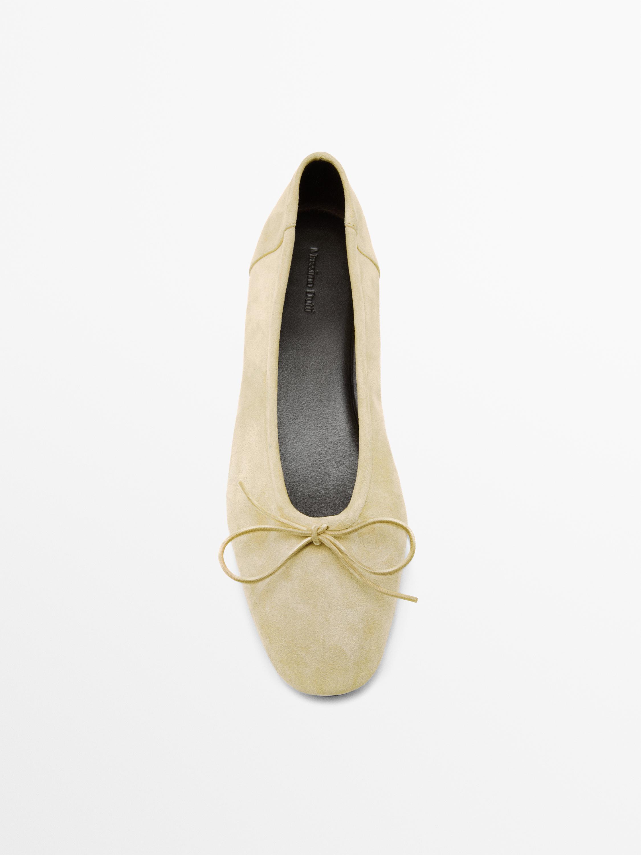 Gathered ballet flats with bow — BEIGE