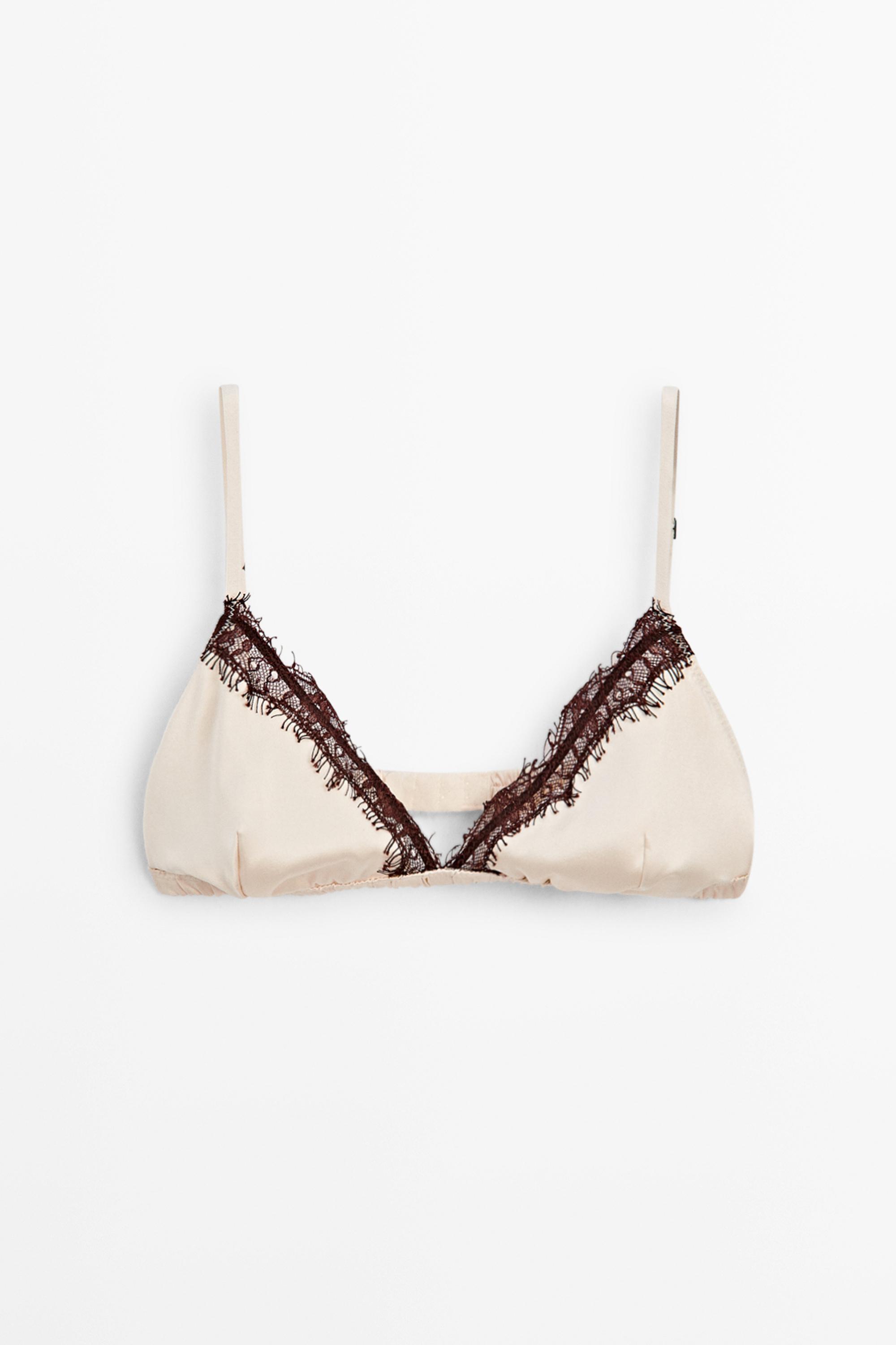 Silk blend lace triangle bra — BROWN