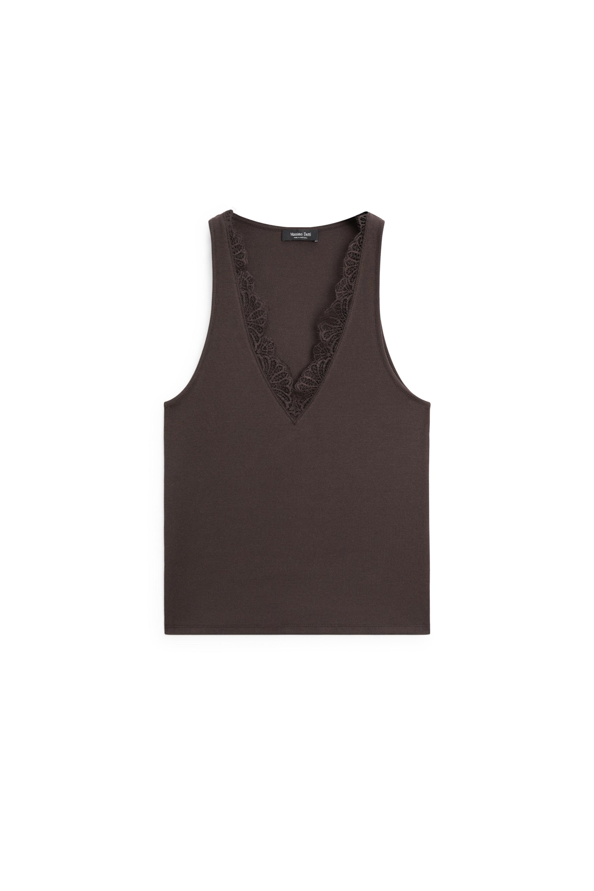 V-neck top with lace detail — BROWN