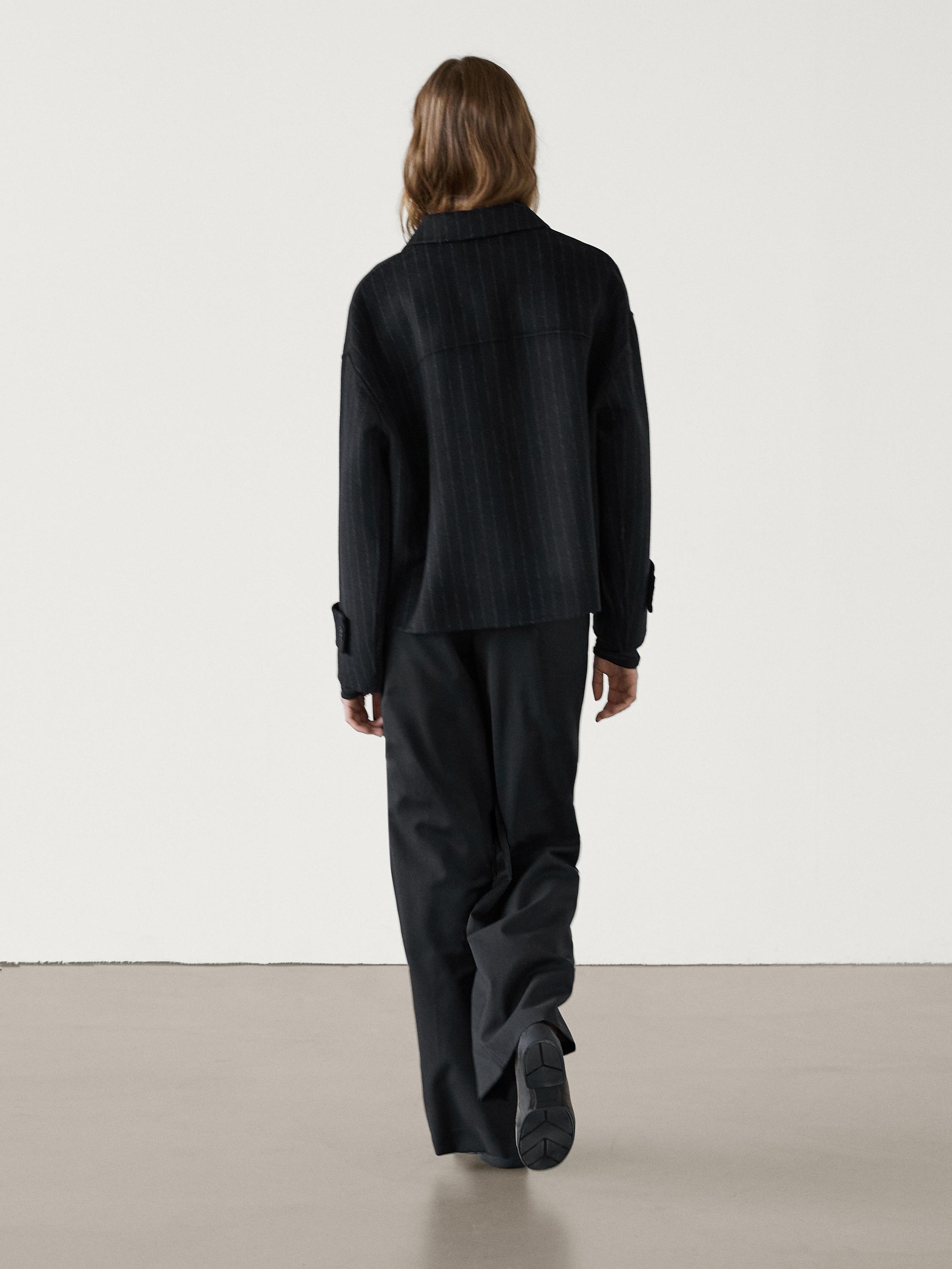 Short pinstripe wool blend jacket · Navy Blue · Coats And Jackets 
