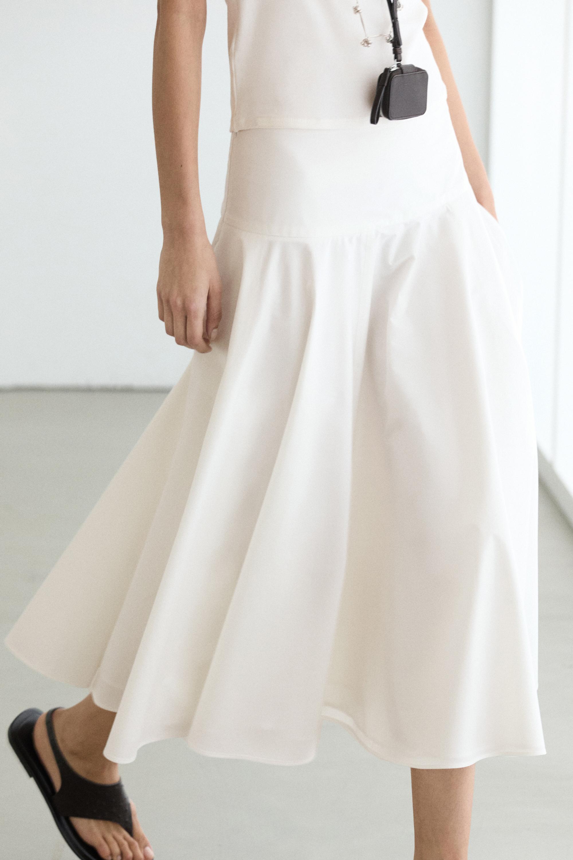 100% cotton midi skirt with yoke detail — WHITE