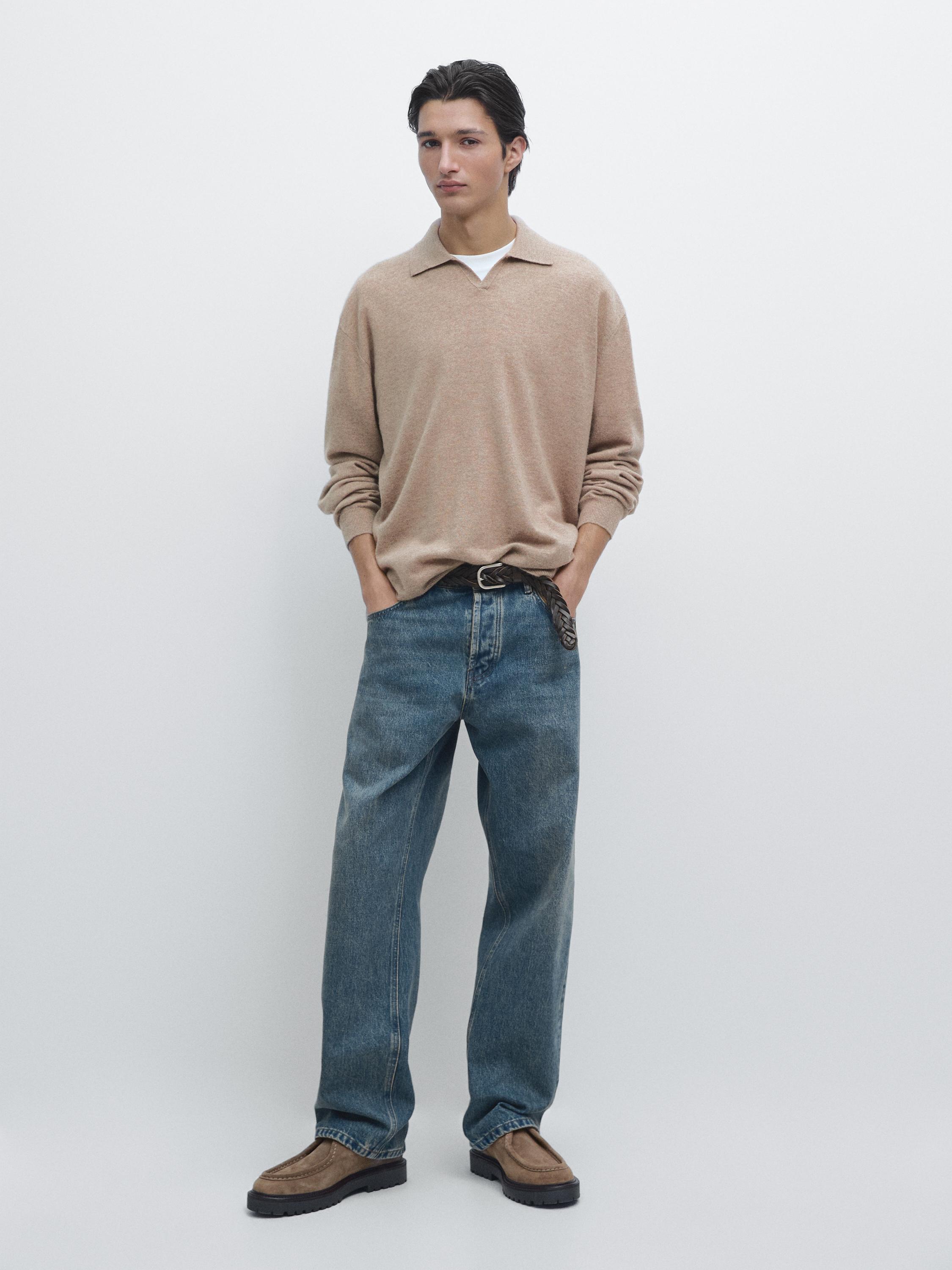 100% cashmere knit polo collar sweater — MINK