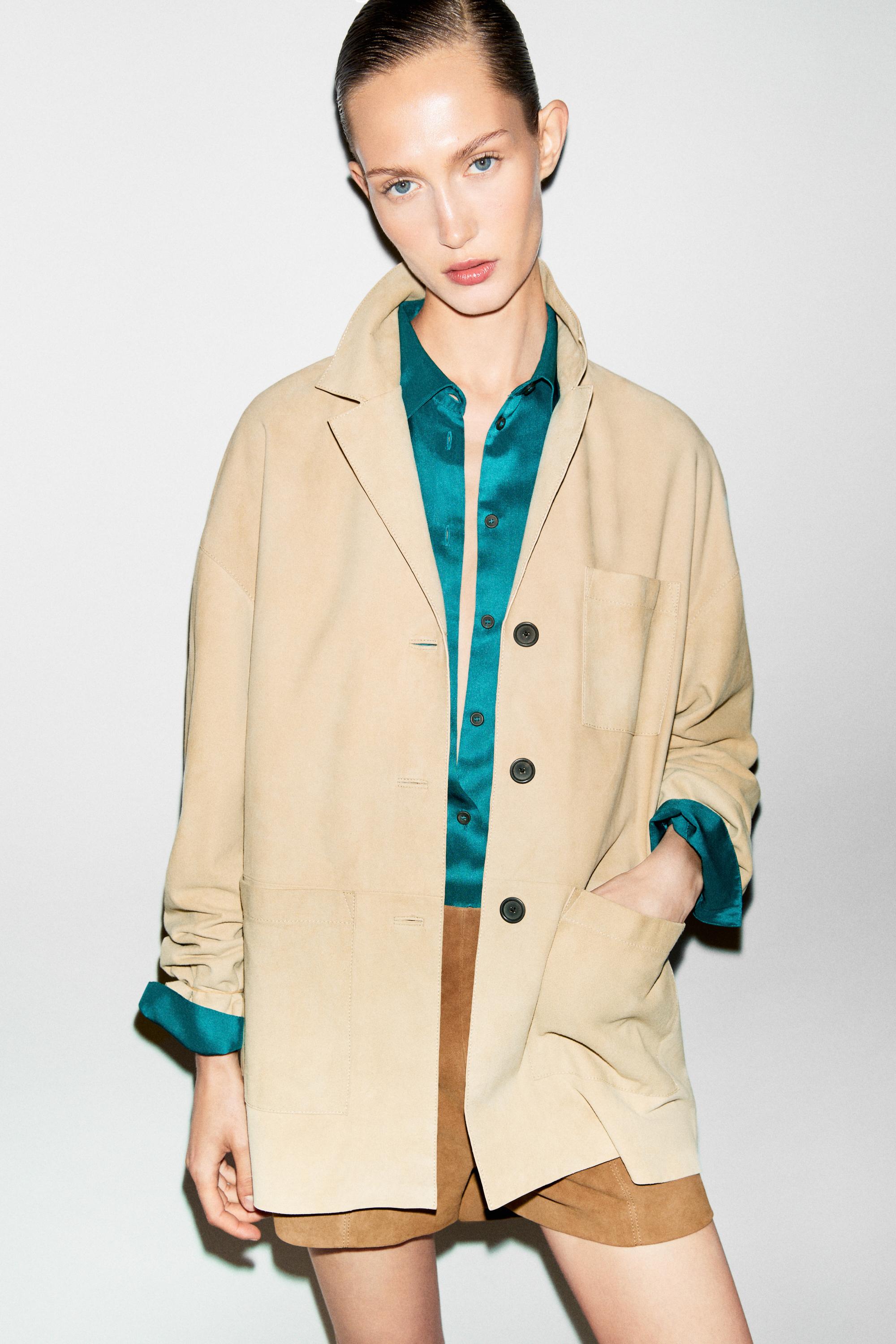 Suede leather blazer with pockets — BEIGE