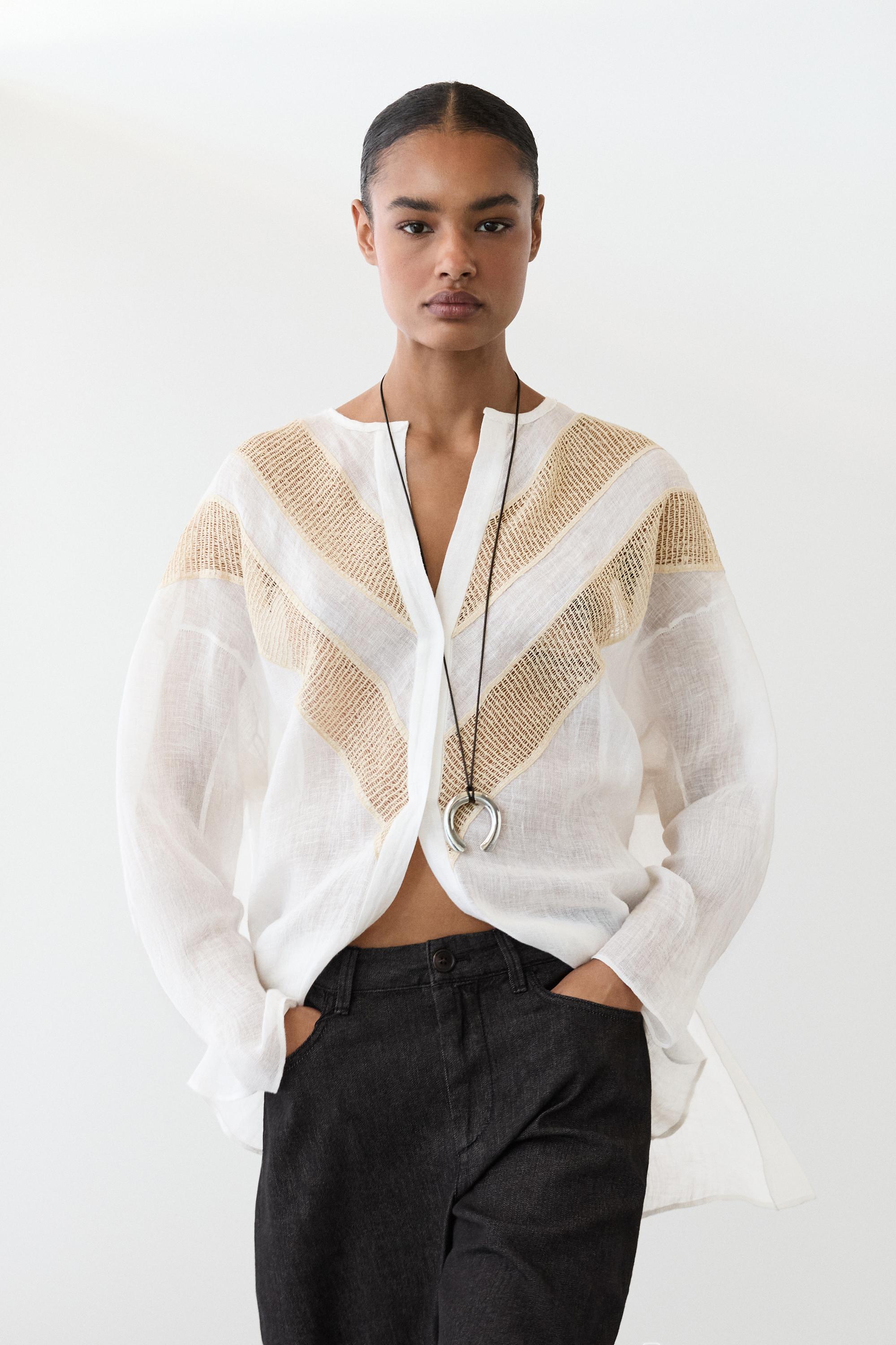 Flowing linen blend shirt with appliqué detail