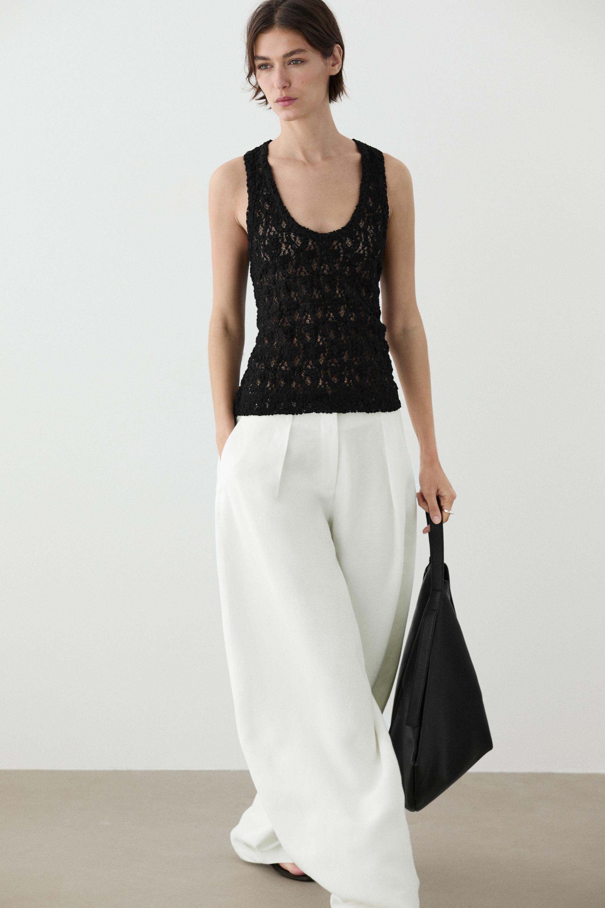 Round neck lace top — BLACK