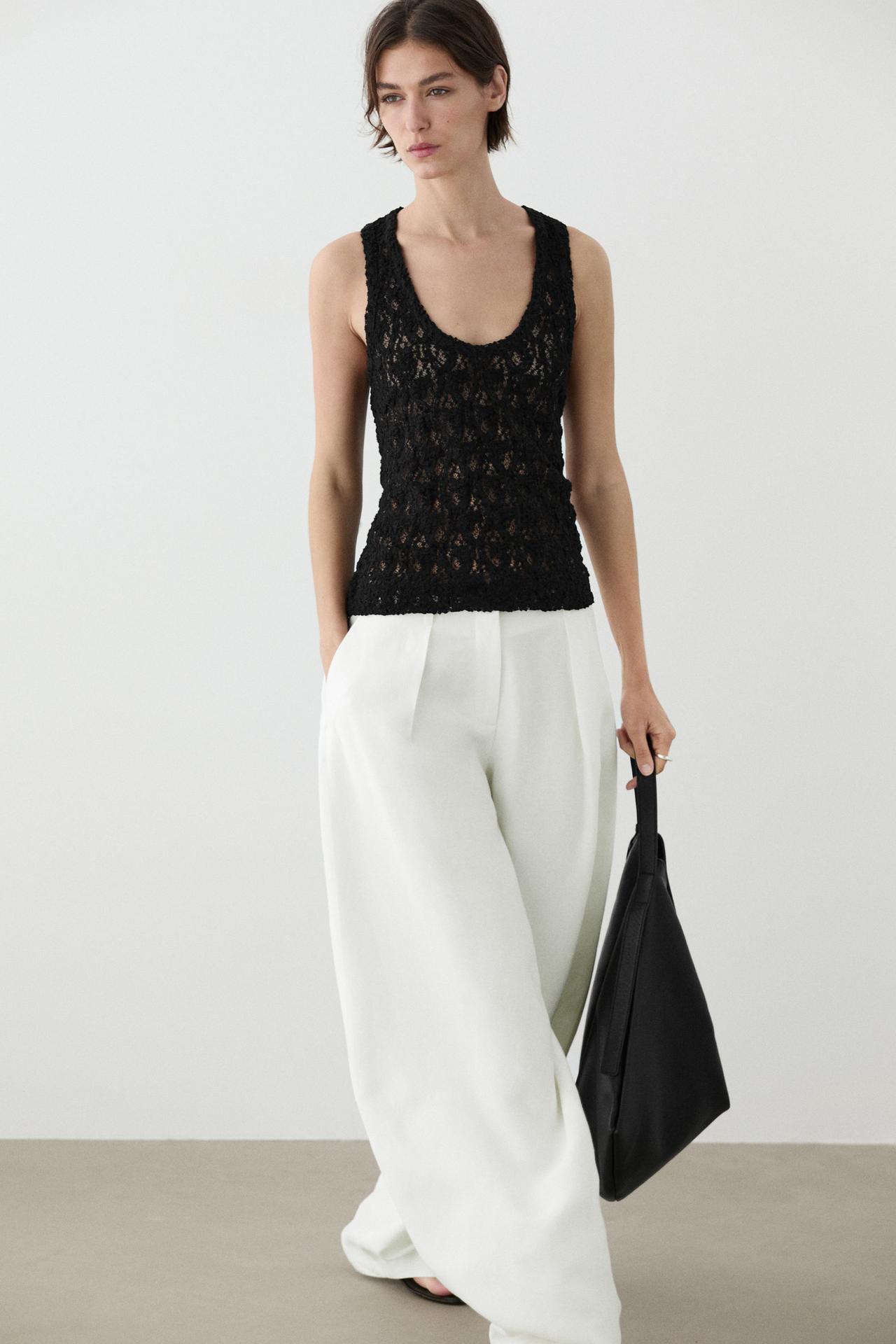 Round neck lace top — BLACK