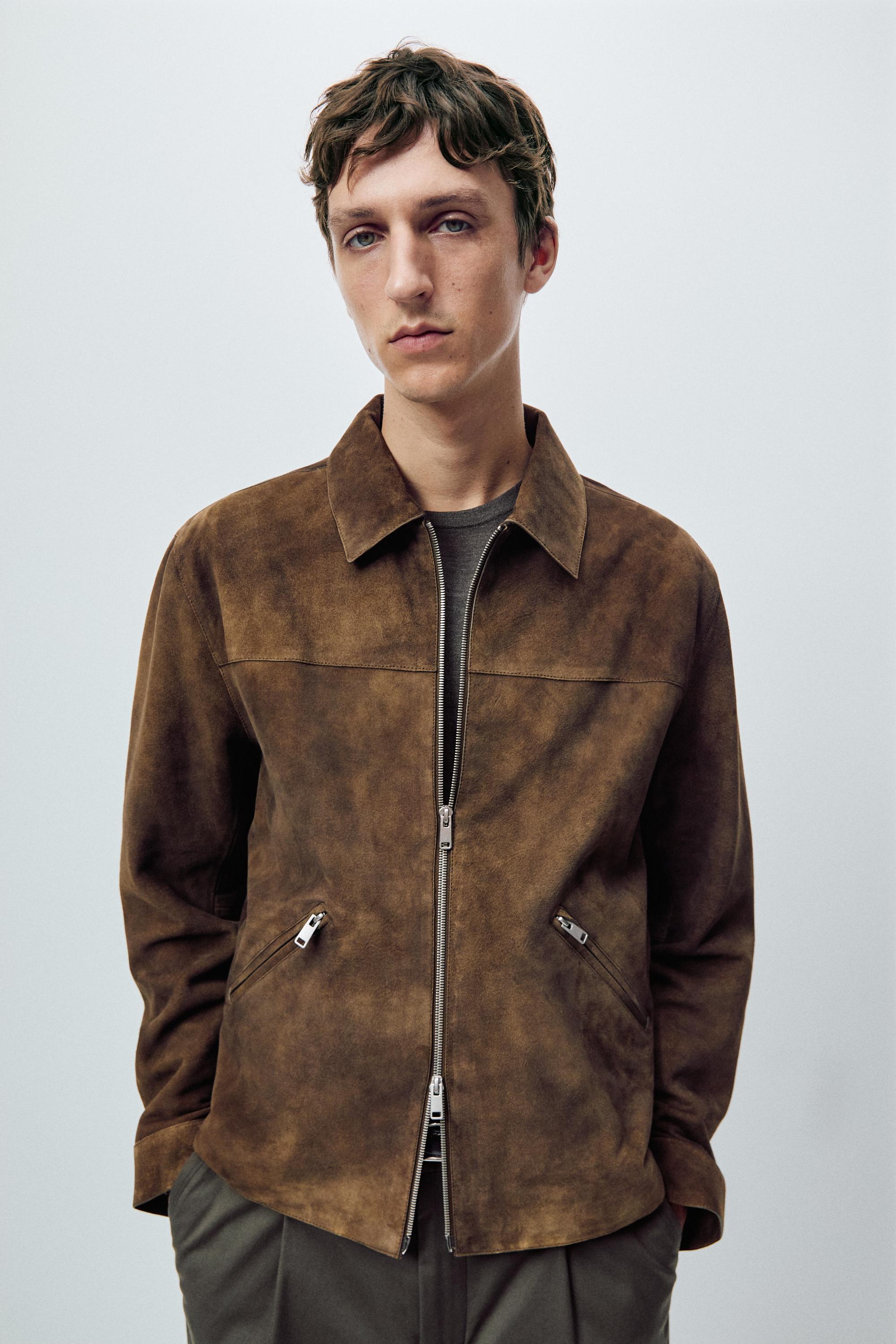 Suede leather zip-up jacket — BROWN MARL