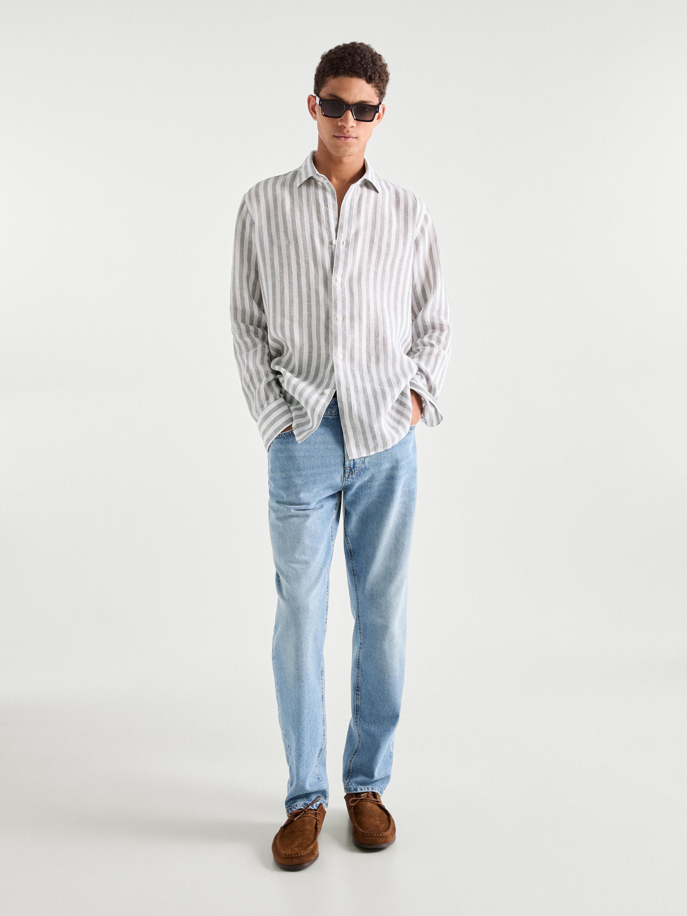 Slim fit striped 100% linen shirt · Moss · Shirts | Massimo Dutti