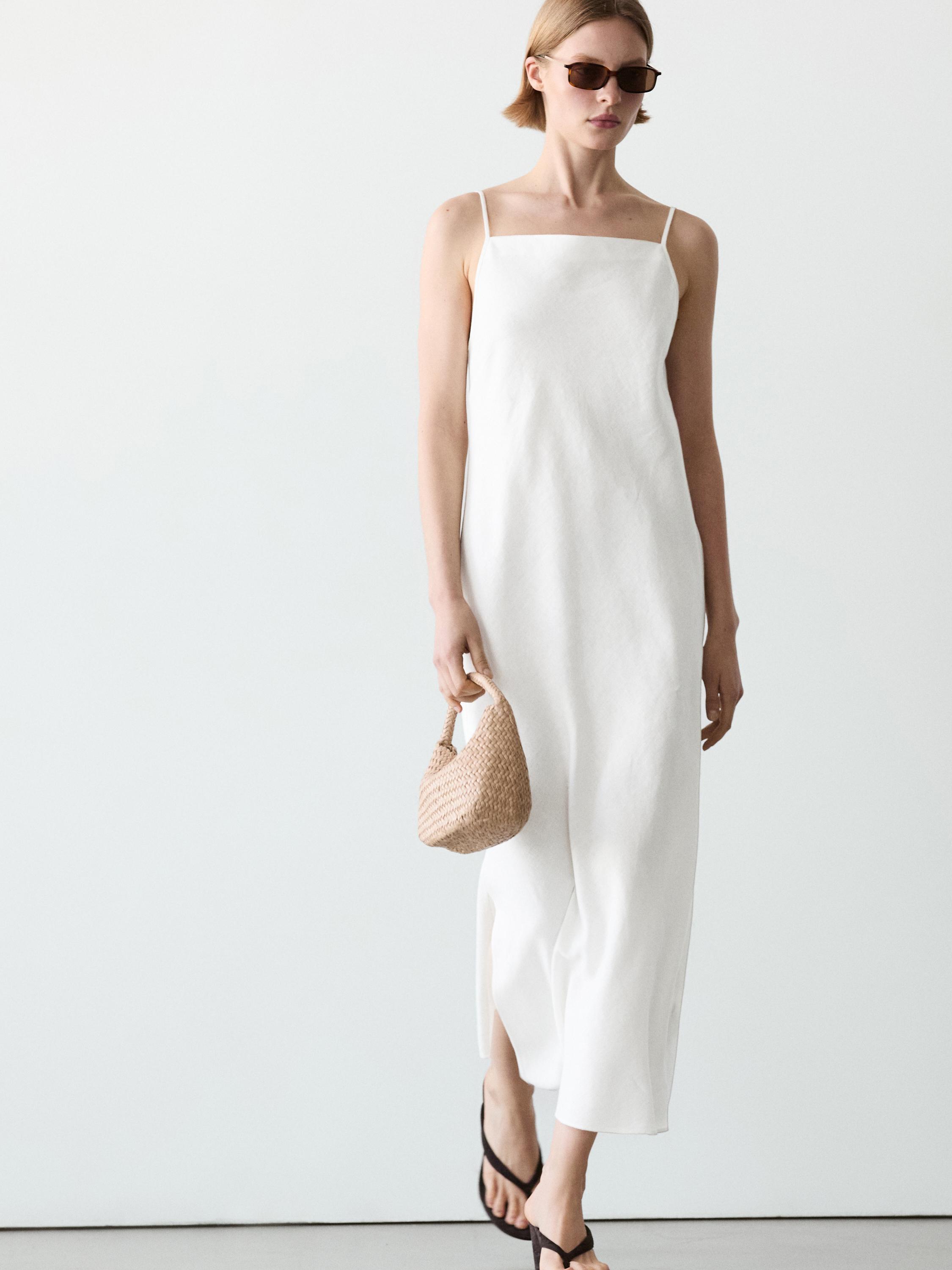 100% linen midi dress with straight neckline — WHITE