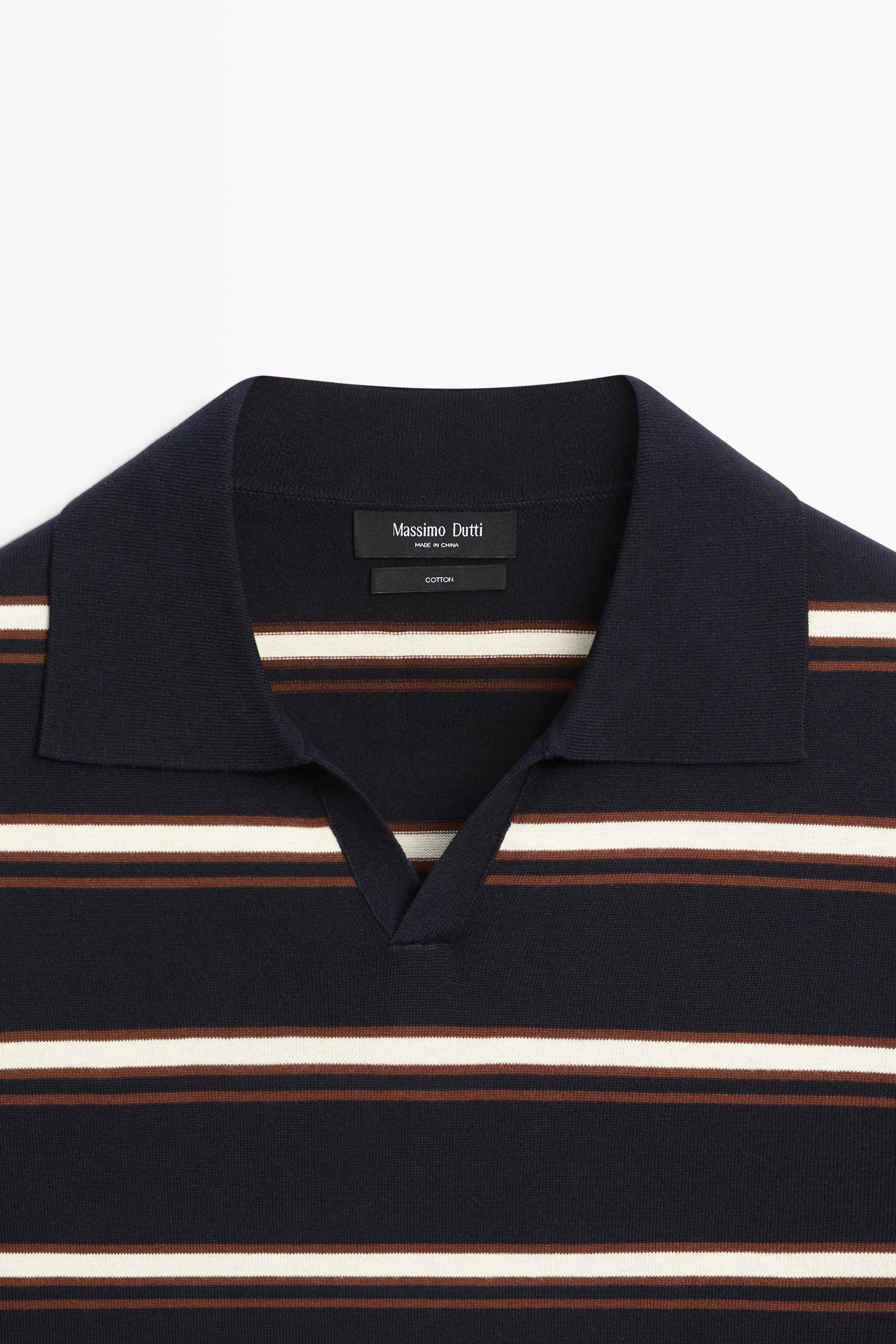 Striped V-neck knit polo shirt — NAVY BLUE